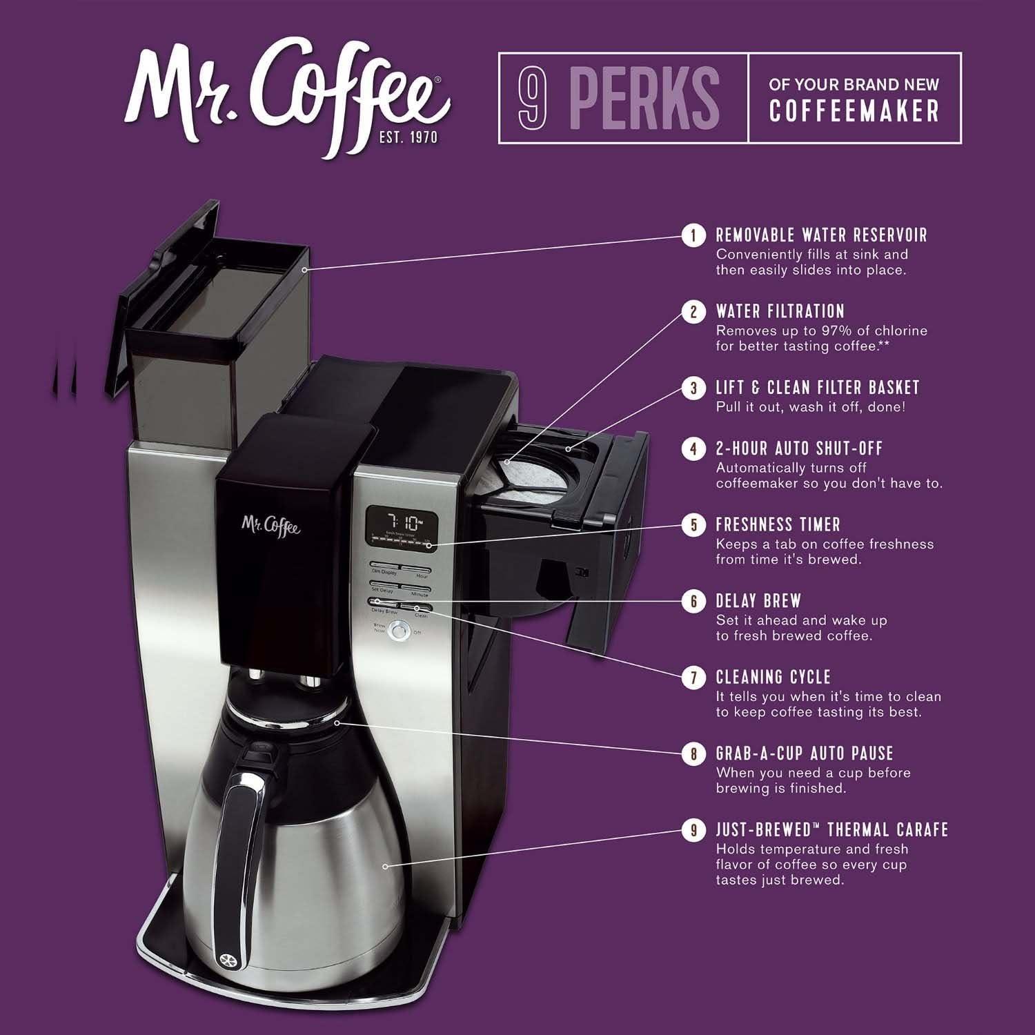 image:imageMr Coffee 10Cup Programmable Coffee Maker Insulated Thermal Carafe Brew Strength Selection Brew Now or Later Stainless SteelBlackStainless Steel