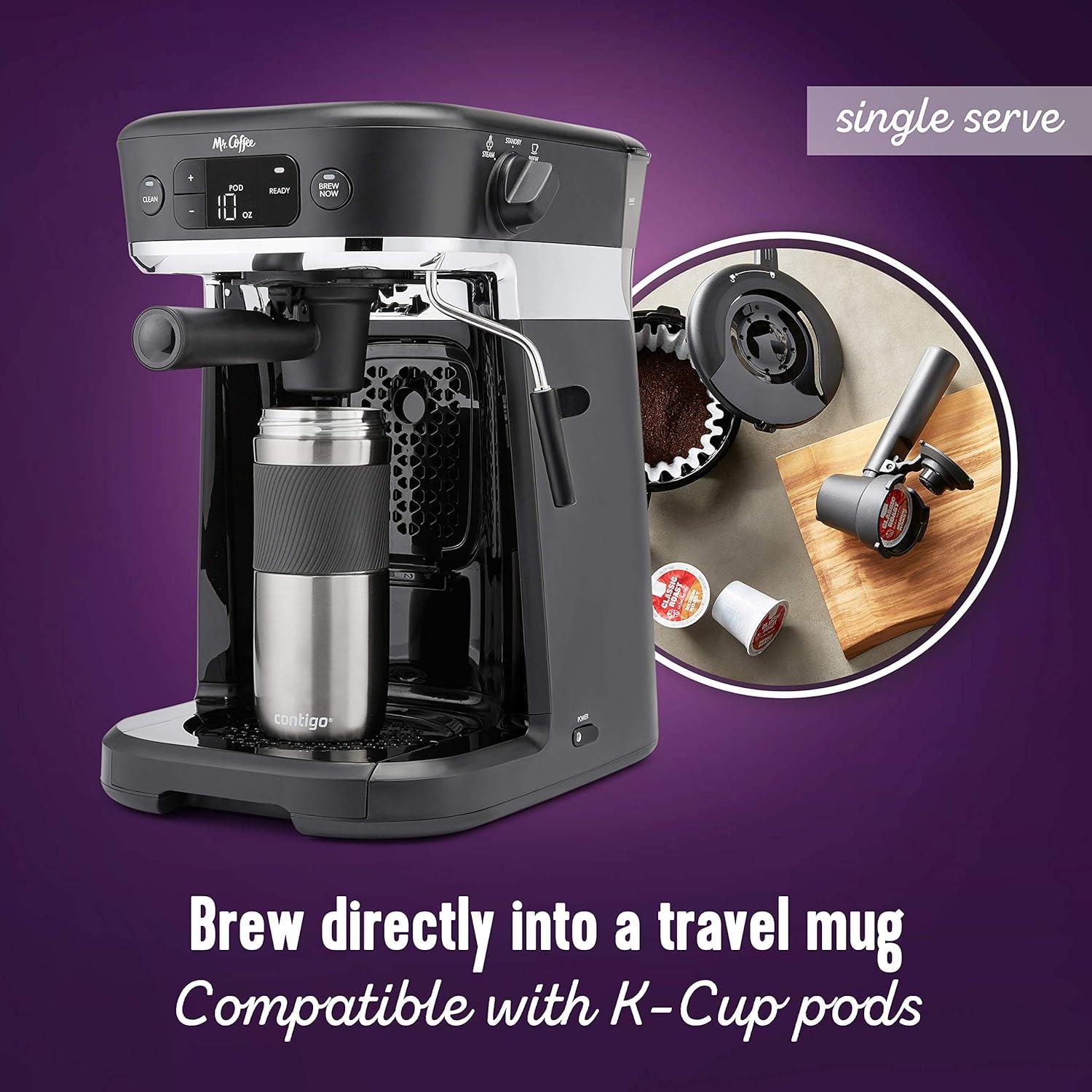 image:imageMr Coffee AllinOne Occasions Specialty Pods Coffee Maker 10Cup Thermal Carafe and Espresso with Milk Frother and Storage Tray Black