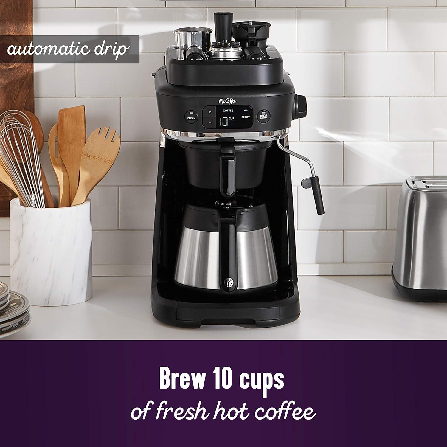 image:imageMr Coffee AllinOne Occasions Specialty Pods Coffee Maker 10Cup Thermal Carafe and Espresso with Milk Frother and Storage Tray Black