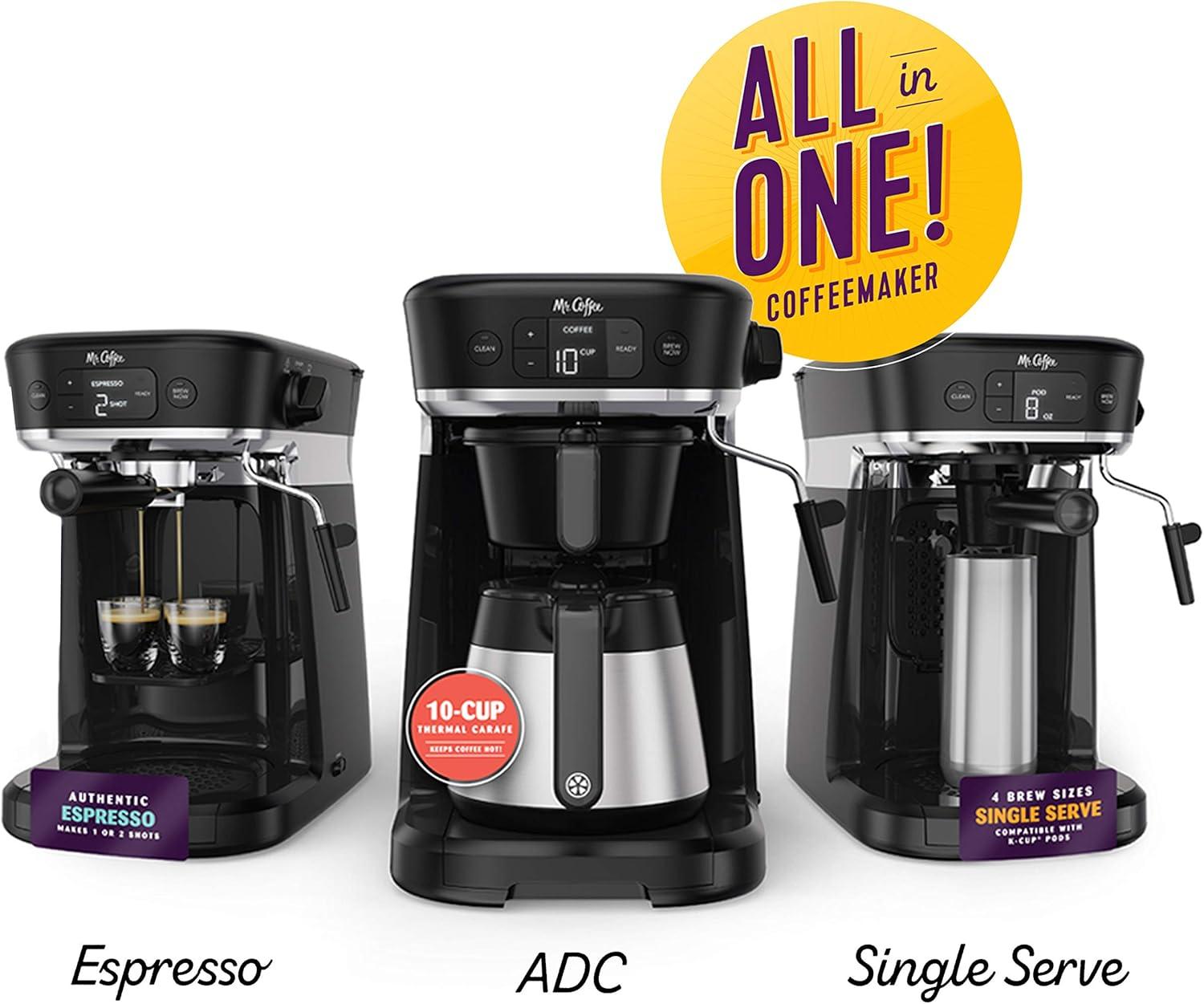 image:imageMr Coffee AllinOne Occasions Specialty Pods Coffee Maker 10Cup Thermal Carafe and Espresso with Milk Frother and Storage Tray Black
