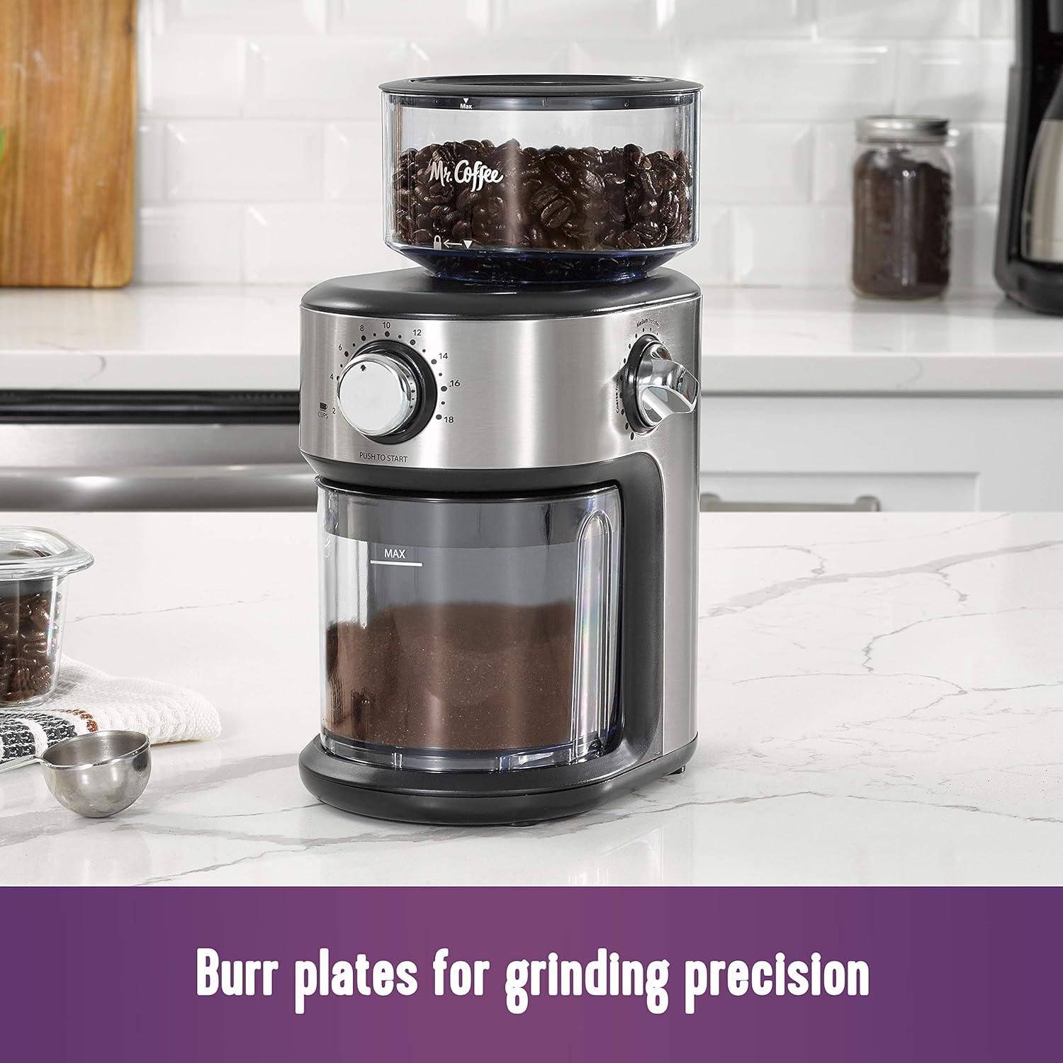image:imageMr Coffee Burr Coffee Grinder Automatic Grinder with 18 Presets for French Press Drip and Espresso 18Cup Capacity Stainless Steel18 Settings