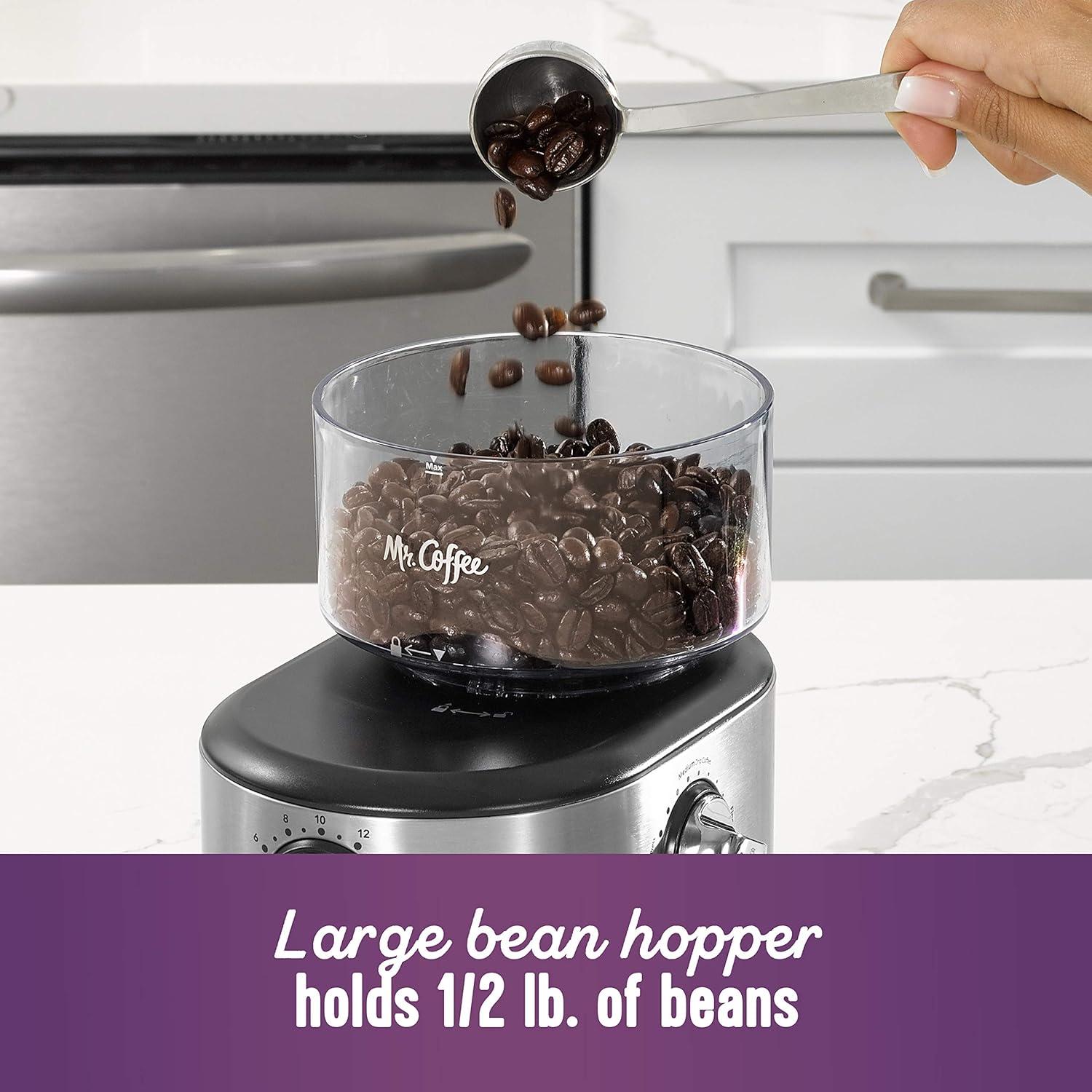 image:imageMr Coffee Burr Coffee Grinder Automatic Grinder with 18 Presets for French Press Drip and Espresso 18Cup Capacity Stainless Steel18 Settings
