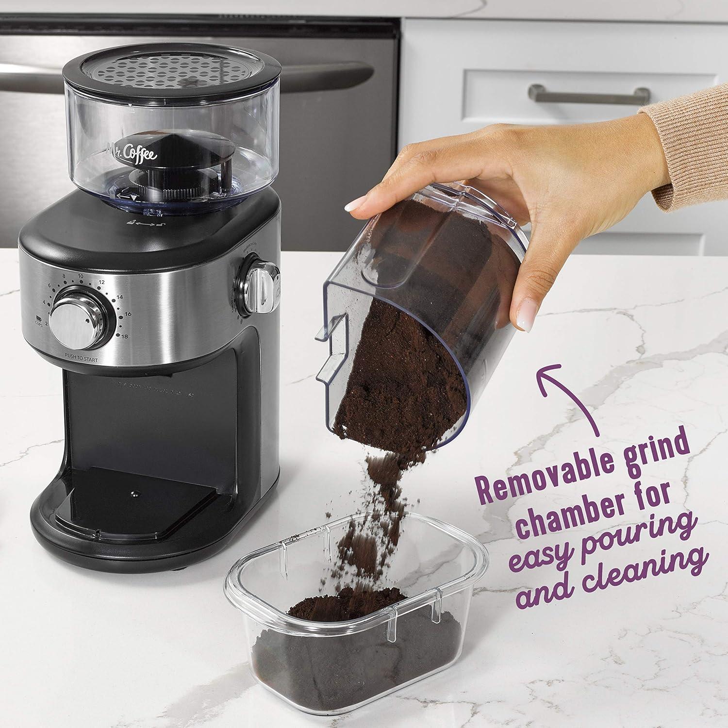image:imageMr Coffee Burr Coffee Grinder Automatic Grinder with 18 Presets for French Press Drip and Espresso 18Cup Capacity Stainless Steel18 Settings