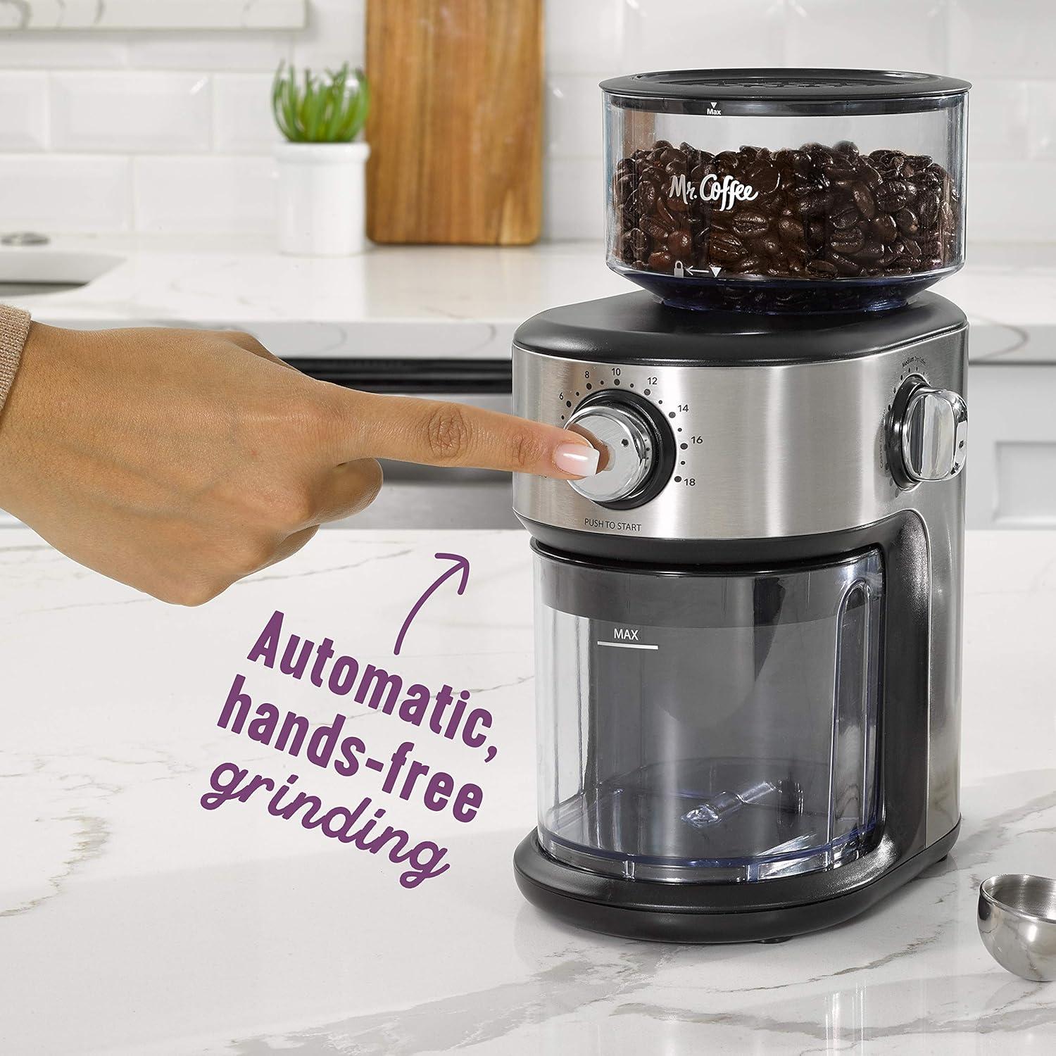 image:imageMr Coffee Burr Coffee Grinder Automatic Grinder with 18 Presets for French Press Drip and Espresso 18Cup Capacity Stainless Steel18 Settings