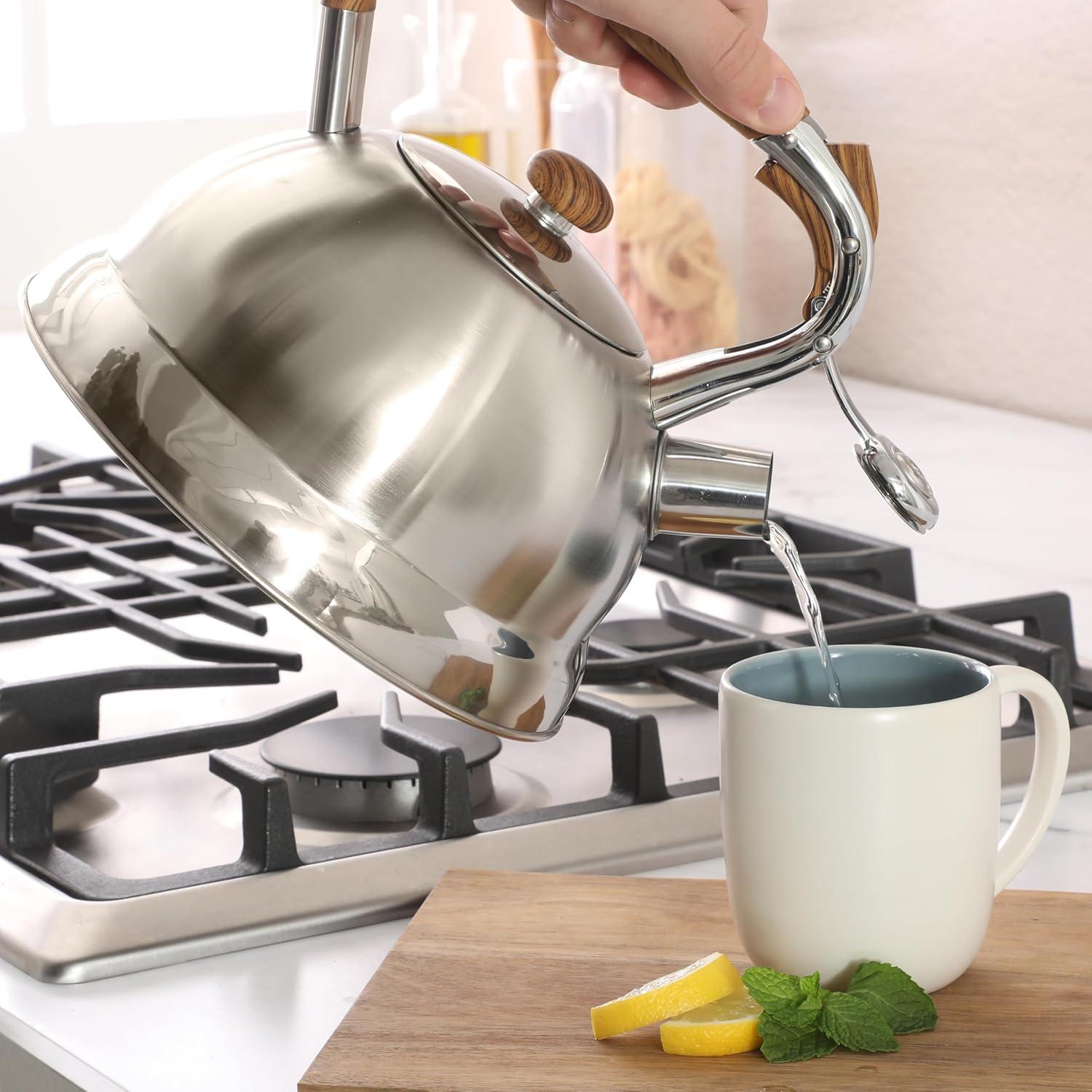 image:imageMr Coffee Twining 21 Quart Pumpkin Shaped Stainless Steel Whistling Tea Kettle Metallic RedBrushed Stainless Steel w Wood Handle