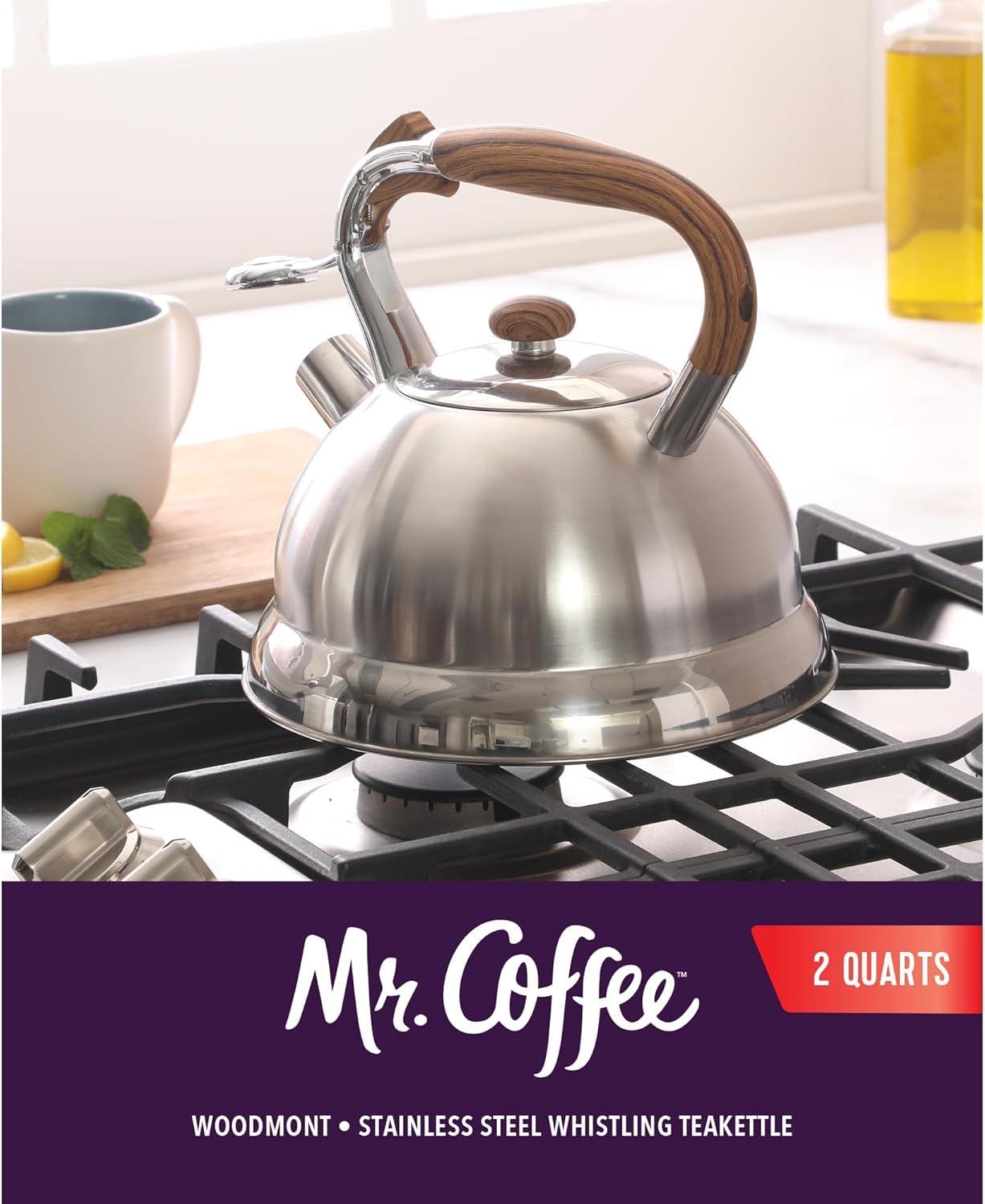 image:imageMr Coffee Twining 21 Quart Pumpkin Shaped Stainless Steel Whistling Tea Kettle Metallic RedBrushed Stainless Steel w Wood Handle