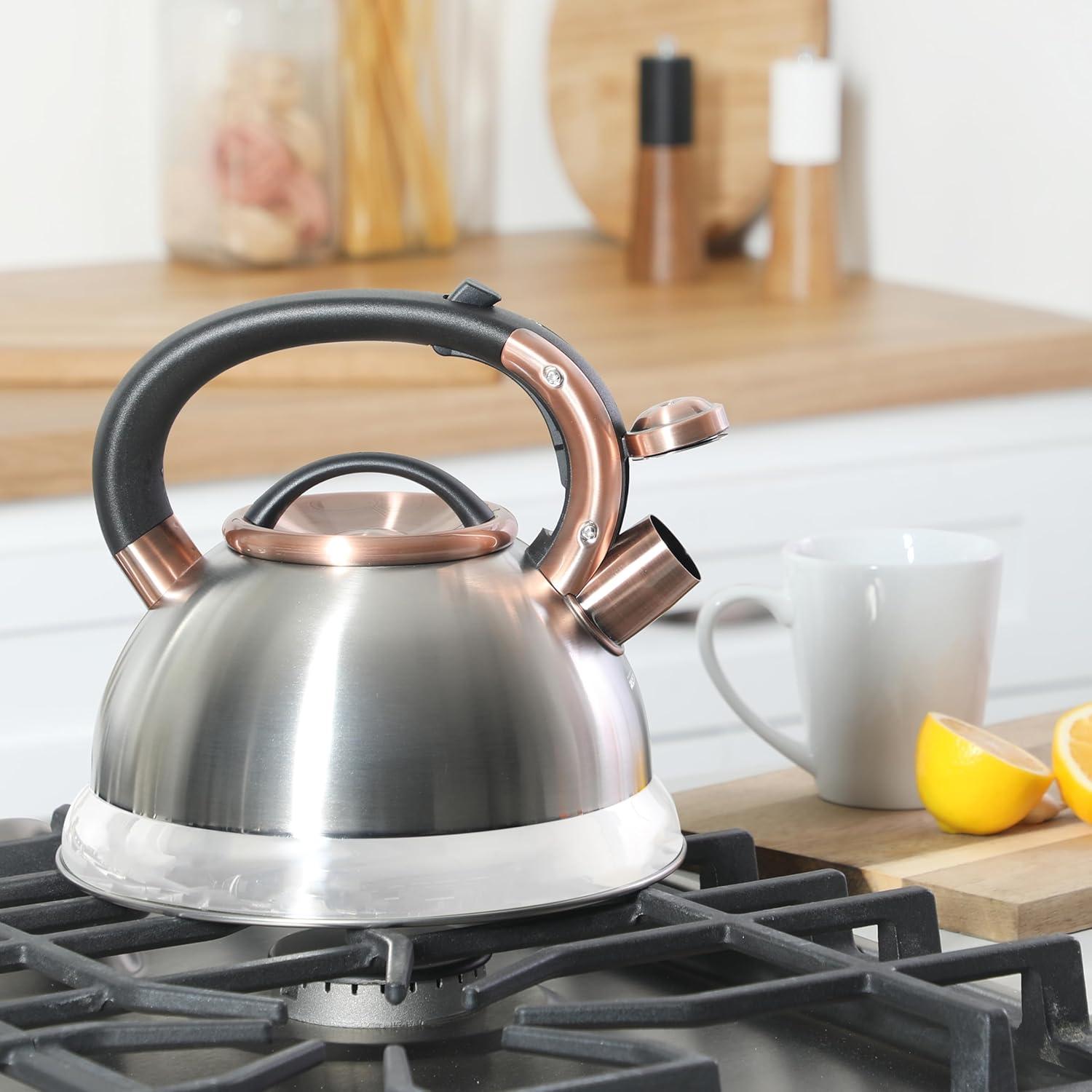 image:imageMr Coffee Twining 21 Quart Pumpkin Shaped Stainless Steel Whistling Tea Kettle Metallic RedBrushed Stainless w Copper