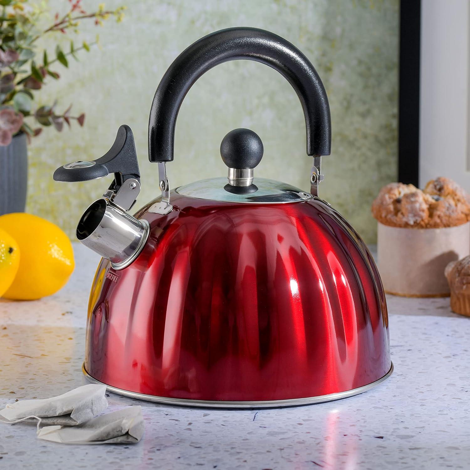 image:imageMr Coffee Twining 21 Quart Pumpkin Shaped Stainless Steel Whistling Tea Kettle Metallic RedMetallic Red