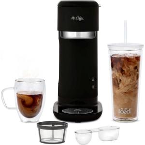 Mr. Coffee Iced and Hot Coffee Maker, Single Serve Machine with 22-Ounce Tumbler and Reusable Coffee Filer, Black(Modern)