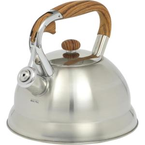 Mr. Coffee Twining 2.1 Quart Pumpkin Shaped Stainless Steel Whistling Tea Kettle, Metallic Red(Brushed Stainless Steel w/ Wood Handle)