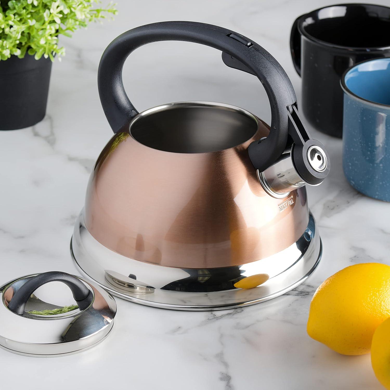 image:imageMr Coffee Armidale 25QT Whistling Tea Kettle Large Brushed Stainless Steel Kettle for Stovetop Durable FastBoil Tea PotCopper