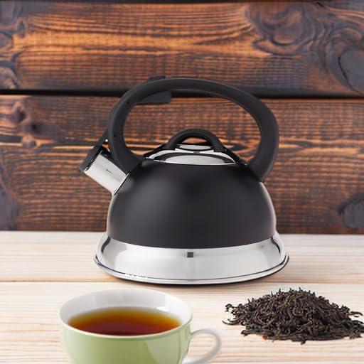image:imageMr Coffee Armidale 25QT Whistling Tea Kettle Large Brushed Stainless Steel Kettle for Stovetop Durable FastBoil Tea PotMatte Black