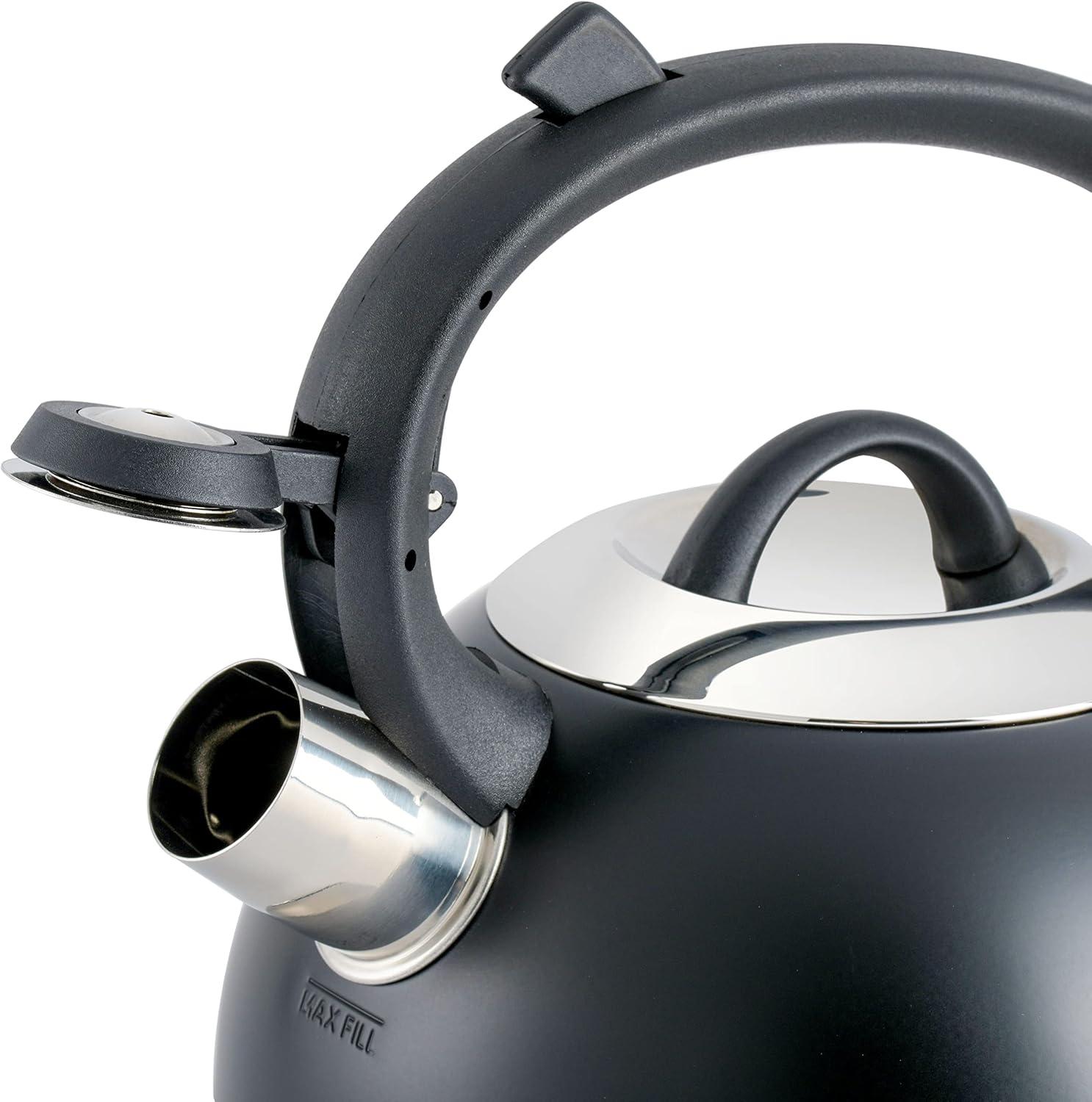 image:imageMr Coffee Armidale 25QT Whistling Tea Kettle Large Brushed Stainless Steel Kettle for Stovetop Durable FastBoil Tea PotMatte Black