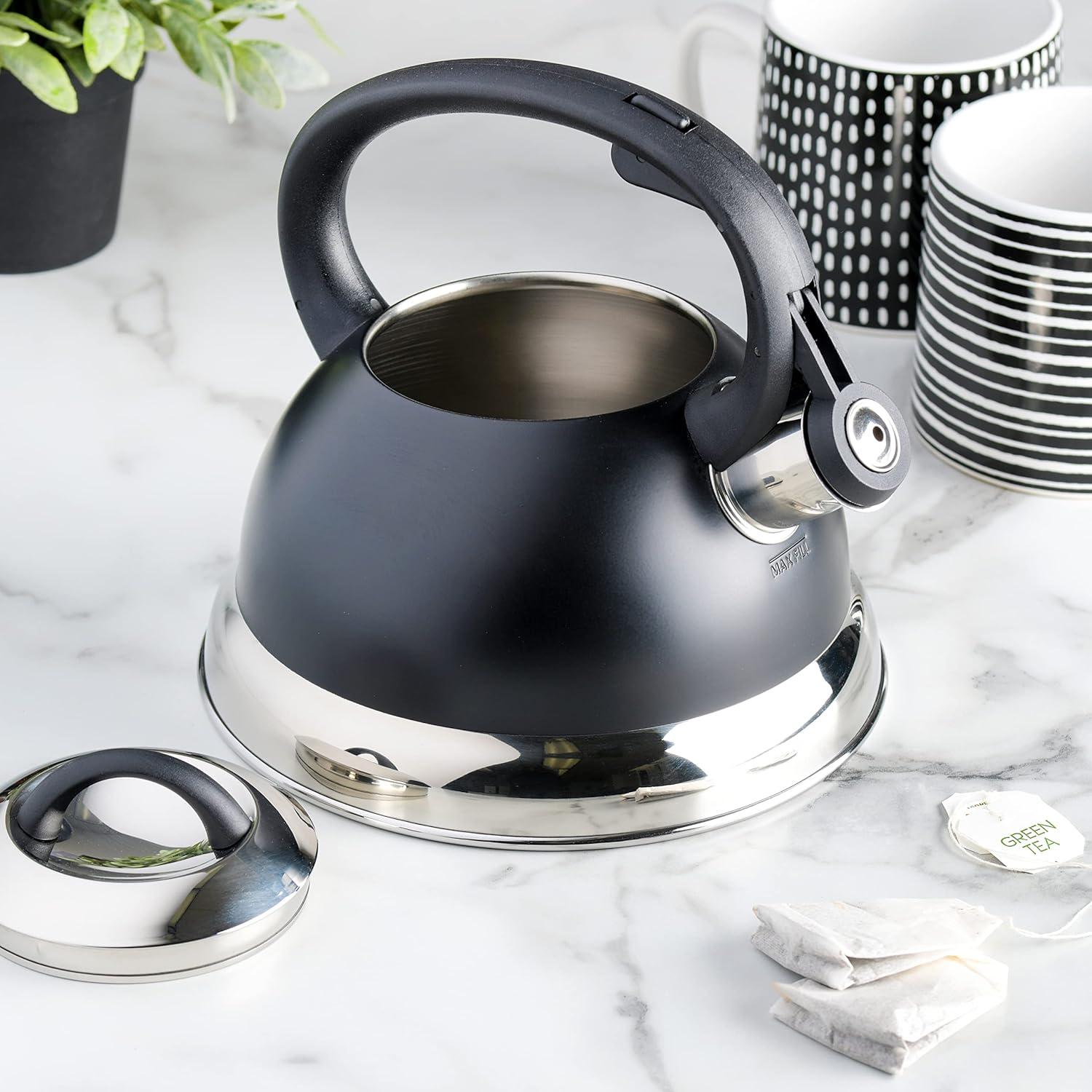 image:imageMr Coffee Armidale 25QT Whistling Tea Kettle Large Brushed Stainless Steel Kettle for Stovetop Durable FastBoil Tea PotMatte Black