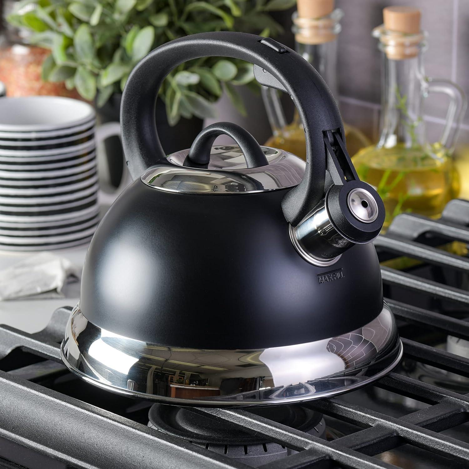 image:imageMr Coffee Armidale 25QT Whistling Tea Kettle Large Brushed Stainless Steel Kettle for Stovetop Durable FastBoil Tea PotMatte Black