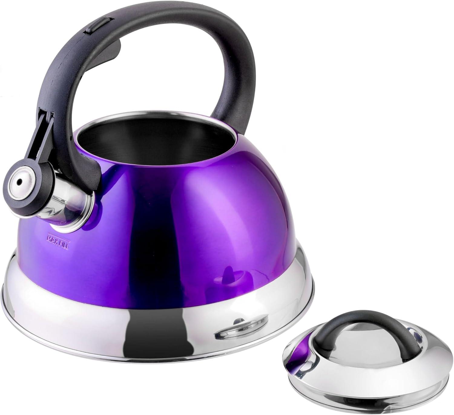 image:imageMr Coffee Armidale 25QT Whistling Tea Kettle Large Brushed Stainless Steel Kettle for Stovetop Durable FastBoil Tea PotMetallic Purple