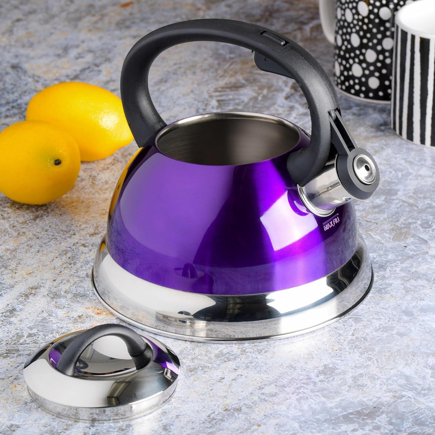 image:imageMr Coffee Armidale 25QT Whistling Tea Kettle Large Brushed Stainless Steel Kettle for Stovetop Durable FastBoil Tea PotMetallic Purple