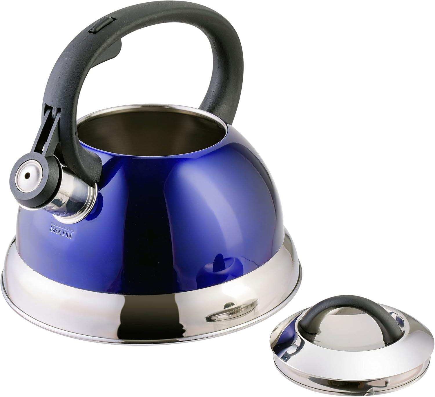 image:imageMr Coffee Armidale 25QT Whistling Tea Kettle Large Brushed Stainless Steel Kettle for Stovetop Durable FastBoil Tea PotMetallic Royal Blue