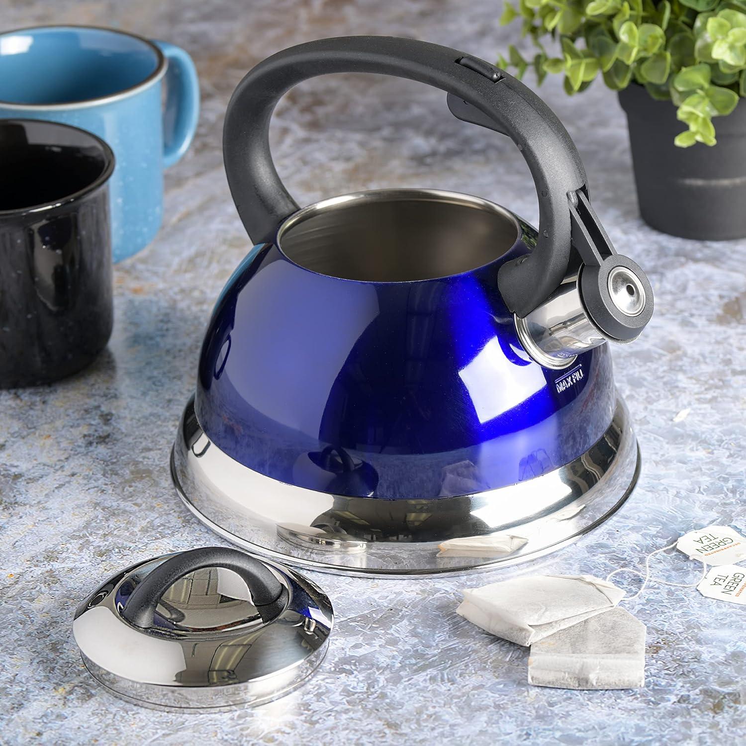 image:imageMr Coffee Armidale 25QT Whistling Tea Kettle Large Brushed Stainless Steel Kettle for Stovetop Durable FastBoil Tea PotMetallic Royal Blue