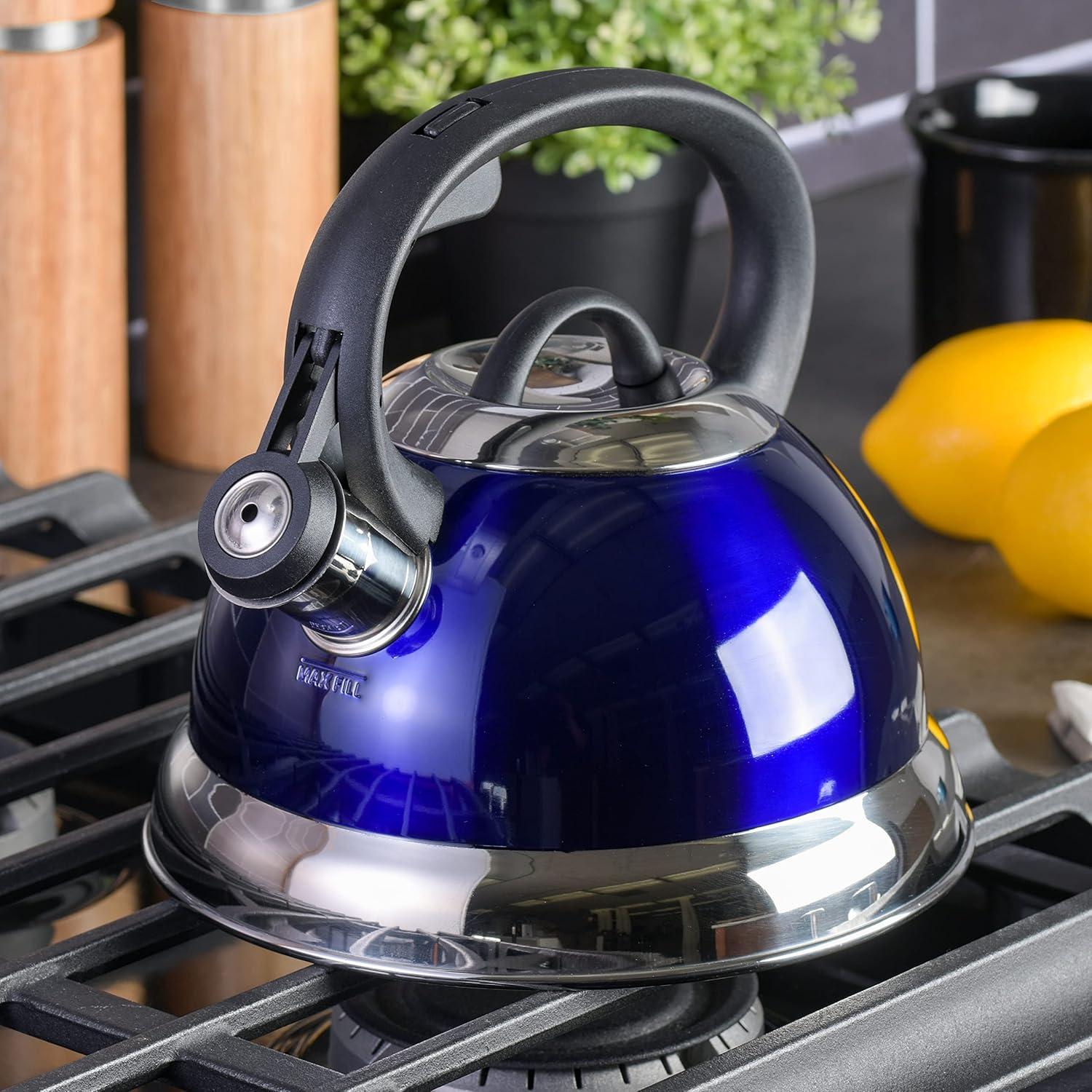 image:imageMr Coffee Armidale 25QT Whistling Tea Kettle Large Brushed Stainless Steel Kettle for Stovetop Durable FastBoil Tea PotMetallic Royal Blue