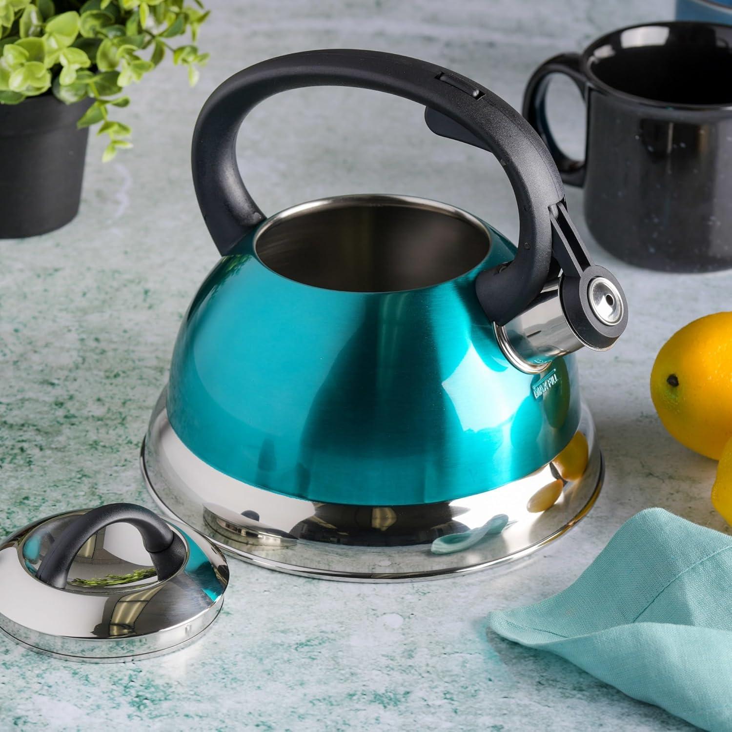 image:imageMr Coffee Armidale 25QT Whistling Tea Kettle Large Brushed Stainless Steel Kettle for Stovetop Durable FastBoil Tea PotMetallic Teal Green