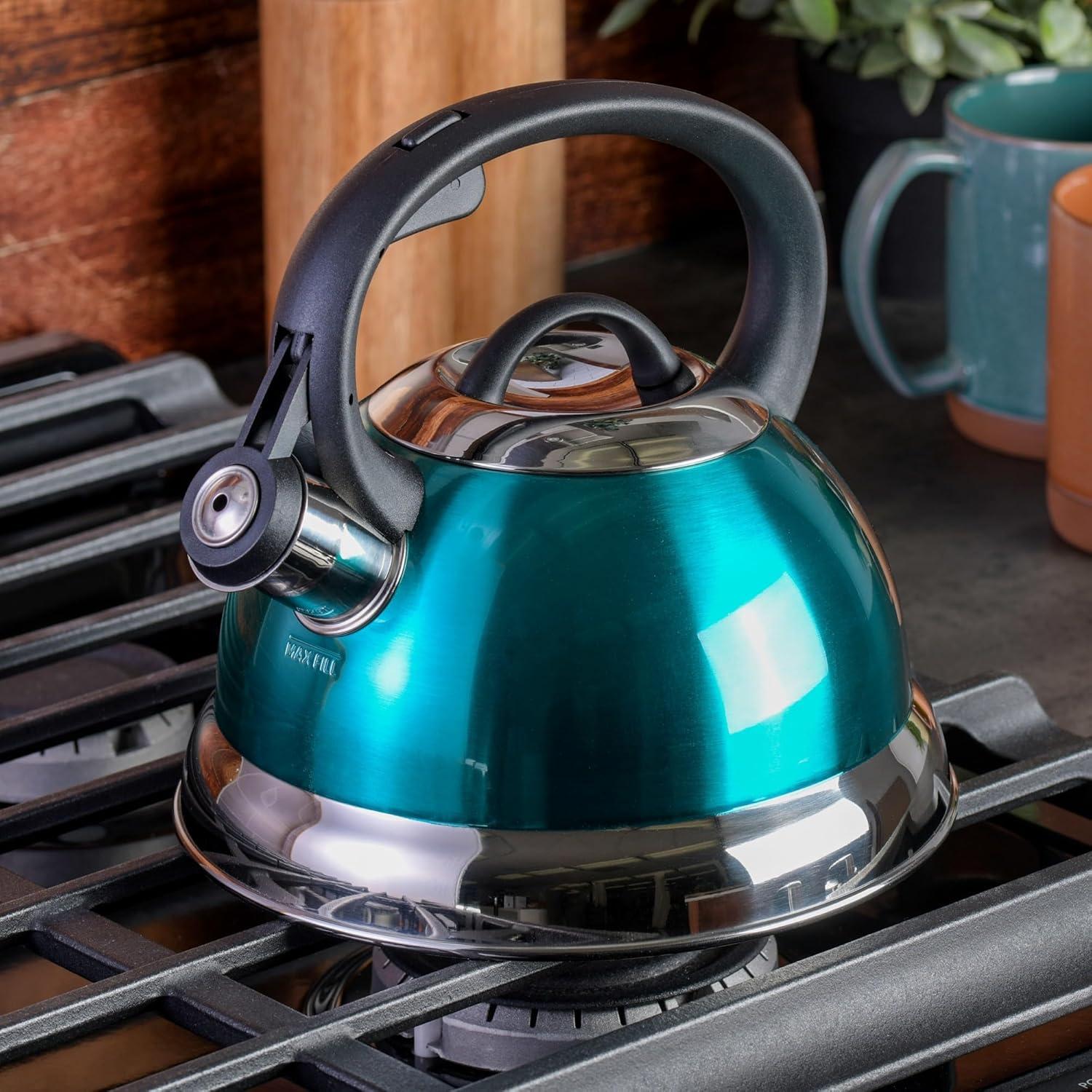 image:imageMr Coffee Armidale 25QT Whistling Tea Kettle Large Brushed Stainless Steel Kettle for Stovetop Durable FastBoil Tea PotMetallic Teal Green