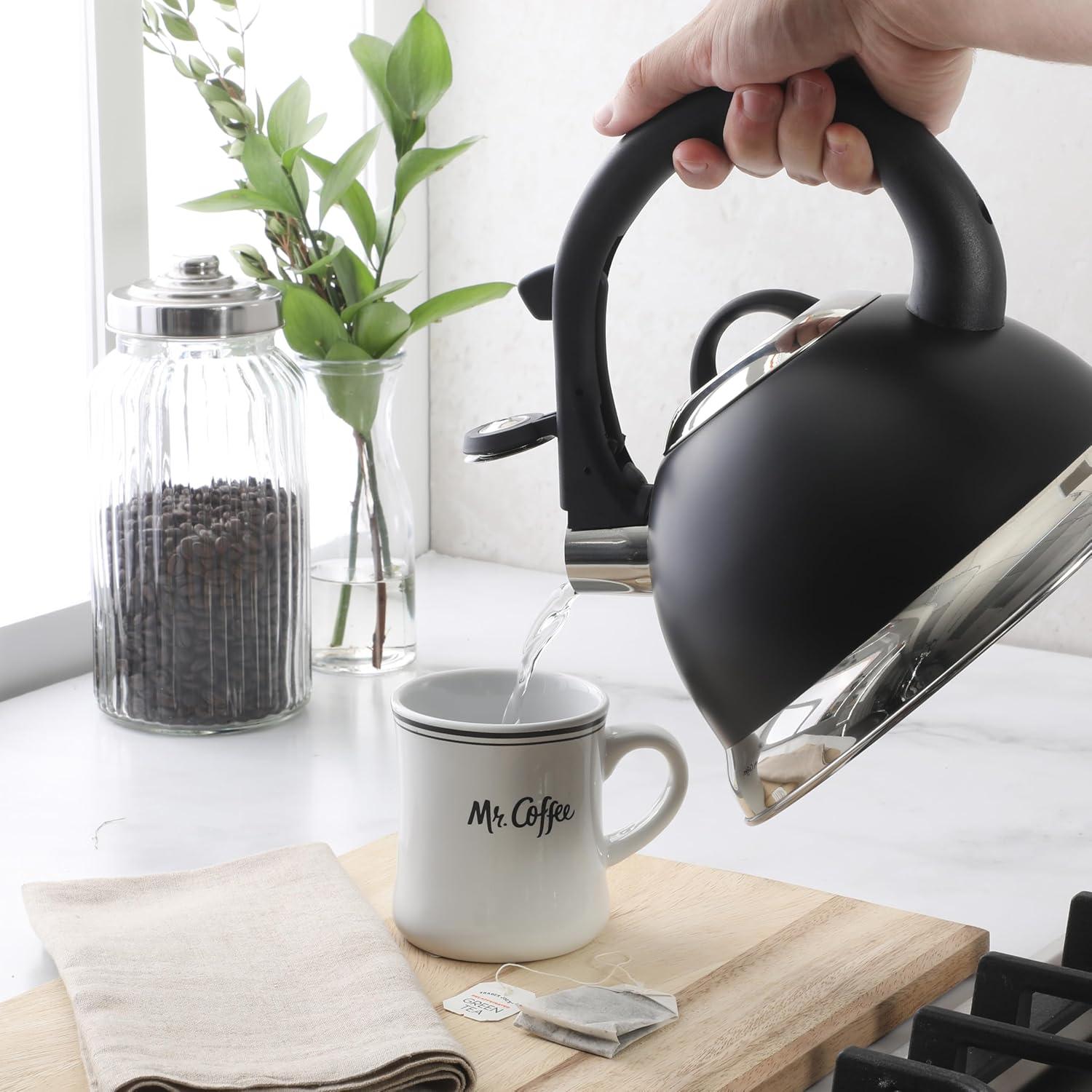 image:imageMr Coffee Carterton Stainless Steel Whistling Tea Kettle 15Quart Capacity Mirror Polish Finish Durable Tea Kettle for Stovetop Fast Boiling Easy Pouring Pack of 6Matte Black