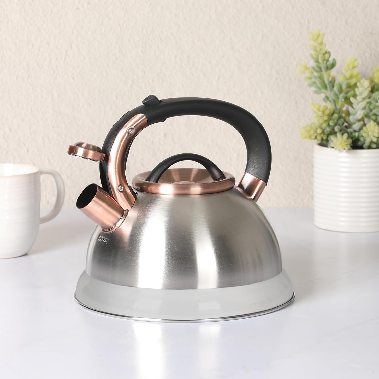 image:imageMr Coffee Flintshire 22 Quart Large Whistling Stainless Steel Tea Kettle Matte Black with Copper Accent Stovetop FastBoil Tea PotBrushed Stainless w Copper
