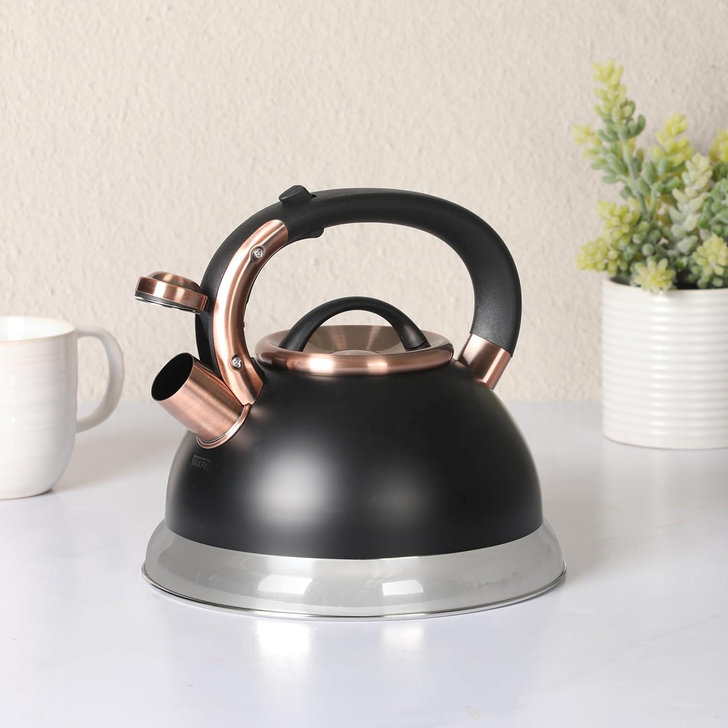 image:imageMr Coffee Flintshire 22 Quart Large Whistling Stainless Steel Tea Kettle Matte Black with Copper Accent Stovetop FastBoil Tea PotMatte Black w Copper