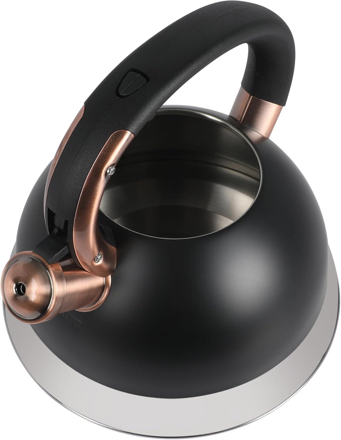 image:imageMr Coffee Flintshire 22 Quart Large Whistling Stainless Steel Tea Kettle Matte Black with Copper Accent Stovetop FastBoil Tea PotMatte Black w Copper