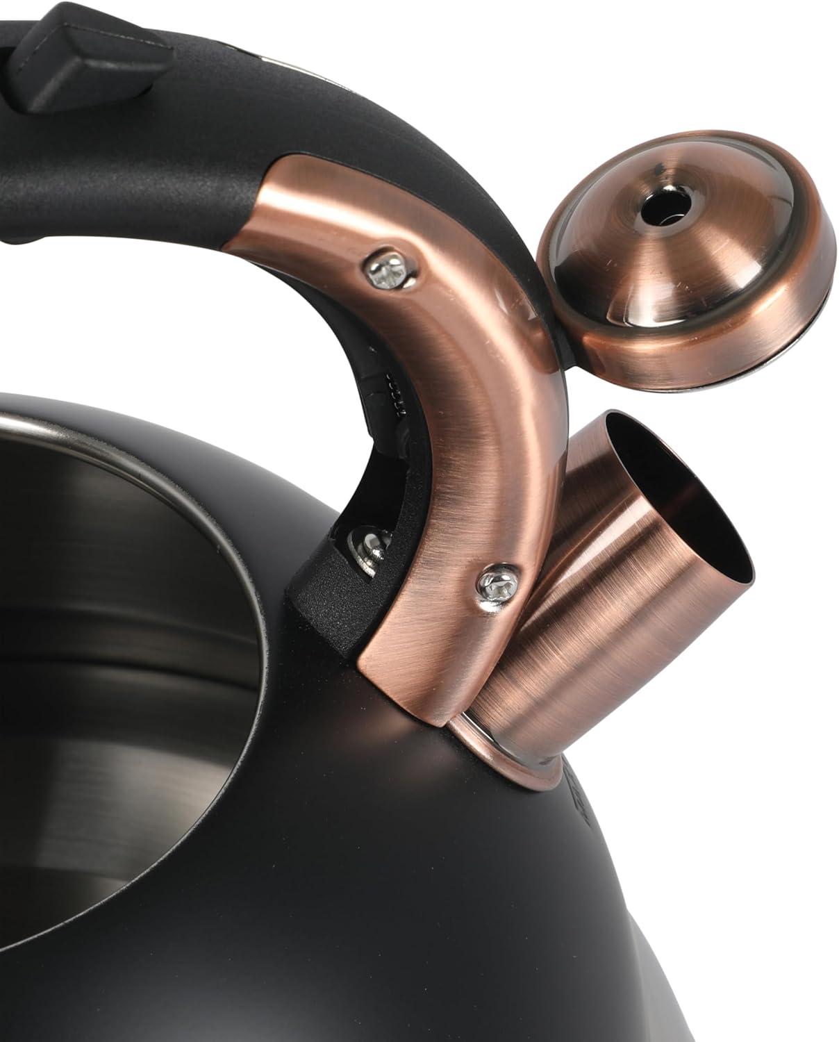 image:imageMr Coffee Flintshire 22 Quart Large Whistling Stainless Steel Tea Kettle Matte Black with Copper Accent Stovetop FastBoil Tea PotMatte Black w Copper