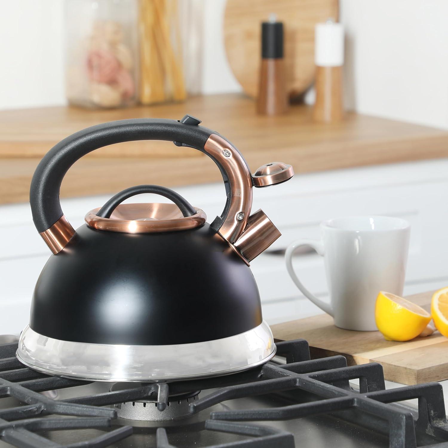 image:imageMr Coffee Flintshire 22 Quart Large Whistling Stainless Steel Tea Kettle Matte Black with Copper Accent Stovetop FastBoil Tea PotMatte Black w Copper