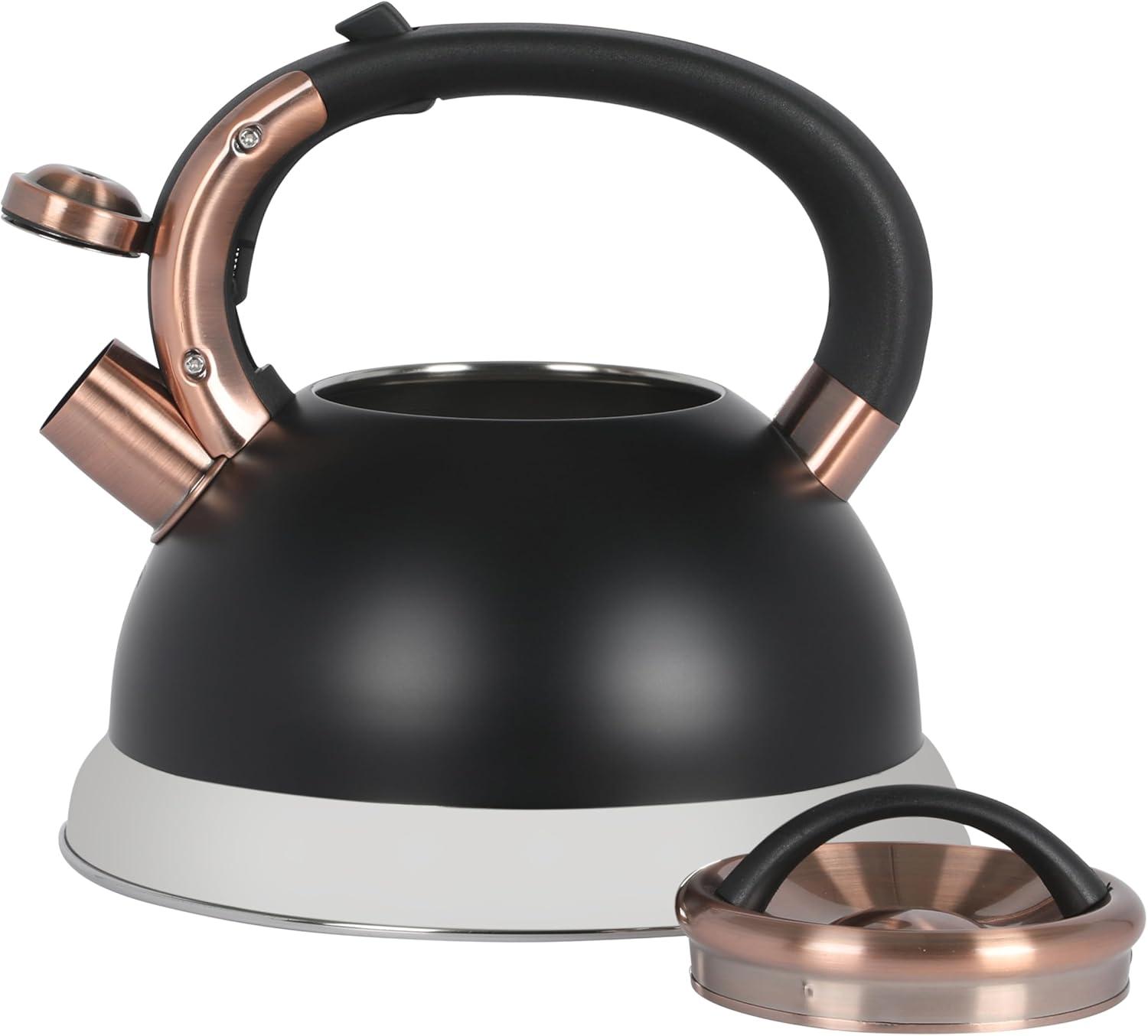 image:imageMr Coffee Flintshire 22 Quart Large Whistling Stainless Steel Tea Kettle Matte Black with Copper Accent Stovetop FastBoil Tea PotMatte Black w Copper