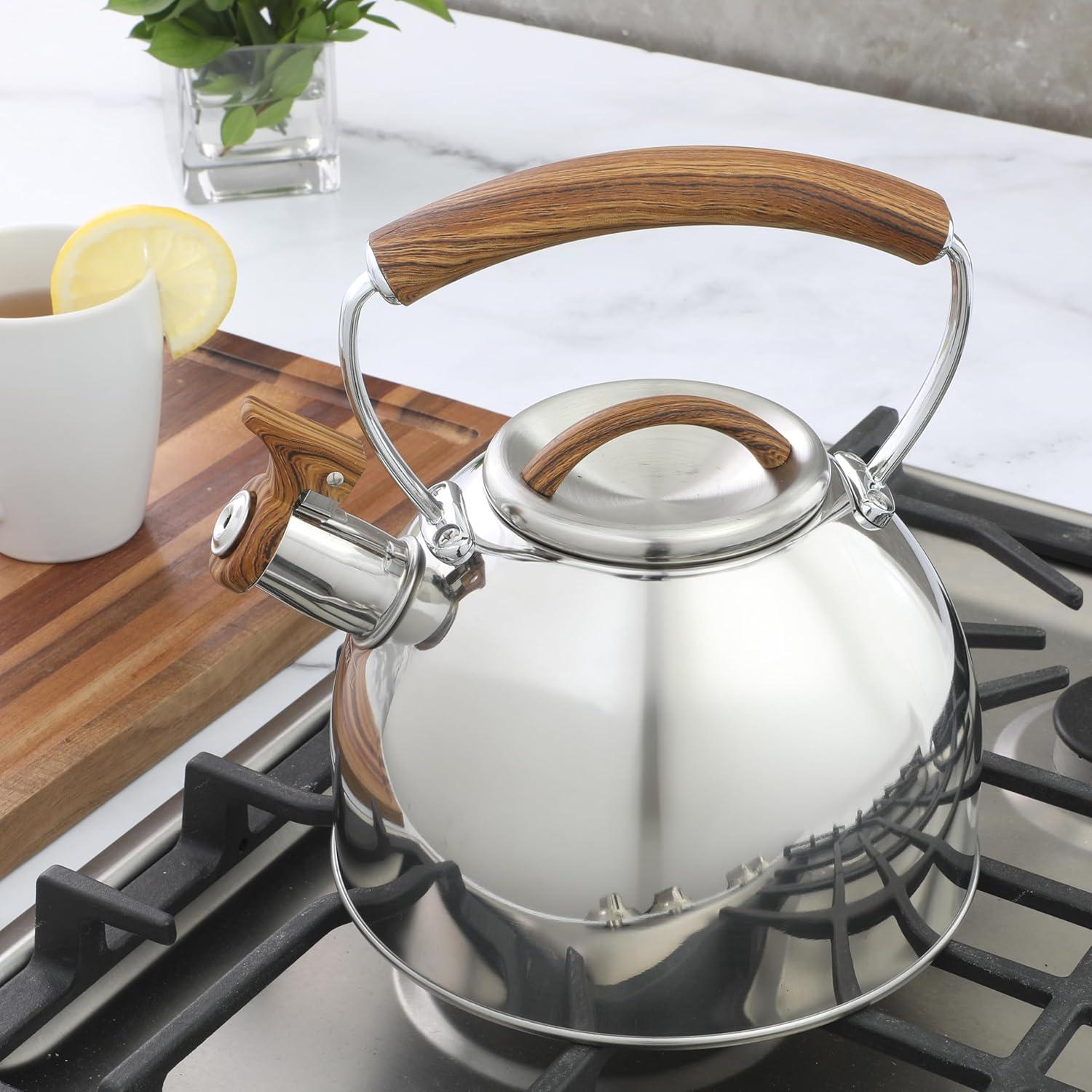 image:imageMr Coffee Flintshire 22 Quart Large Whistling Stainless Steel Tea Kettle Matte Black with Copper Accent Stovetop FastBoil Tea PotStainless Steel w Wood Handle