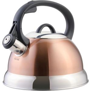 Mr. Coffee Armidale 2.5QT Whistling Tea Kettle, Large Brushed Stainless Steel Kettle for Stovetop, Durable Fast-Boil Tea Pot(Copper)
