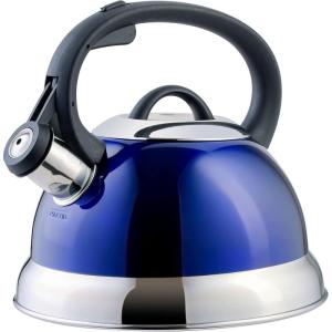 Mr. Coffee Armidale 2.5QT Whistling Tea Kettle, Large Brushed Stainless Steel Kettle for Stovetop, Durable Fast-Boil Tea Pot(Metallic Royal Blue)