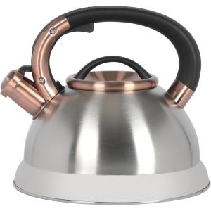 Mr. Coffee Flintshire 2.2 Quart Large Whistling Stainless Steel Tea Kettle, Matte Black with Copper Accent, Stovetop Fast-Boil Tea Pot(Brushed Stainless w/ Copper)