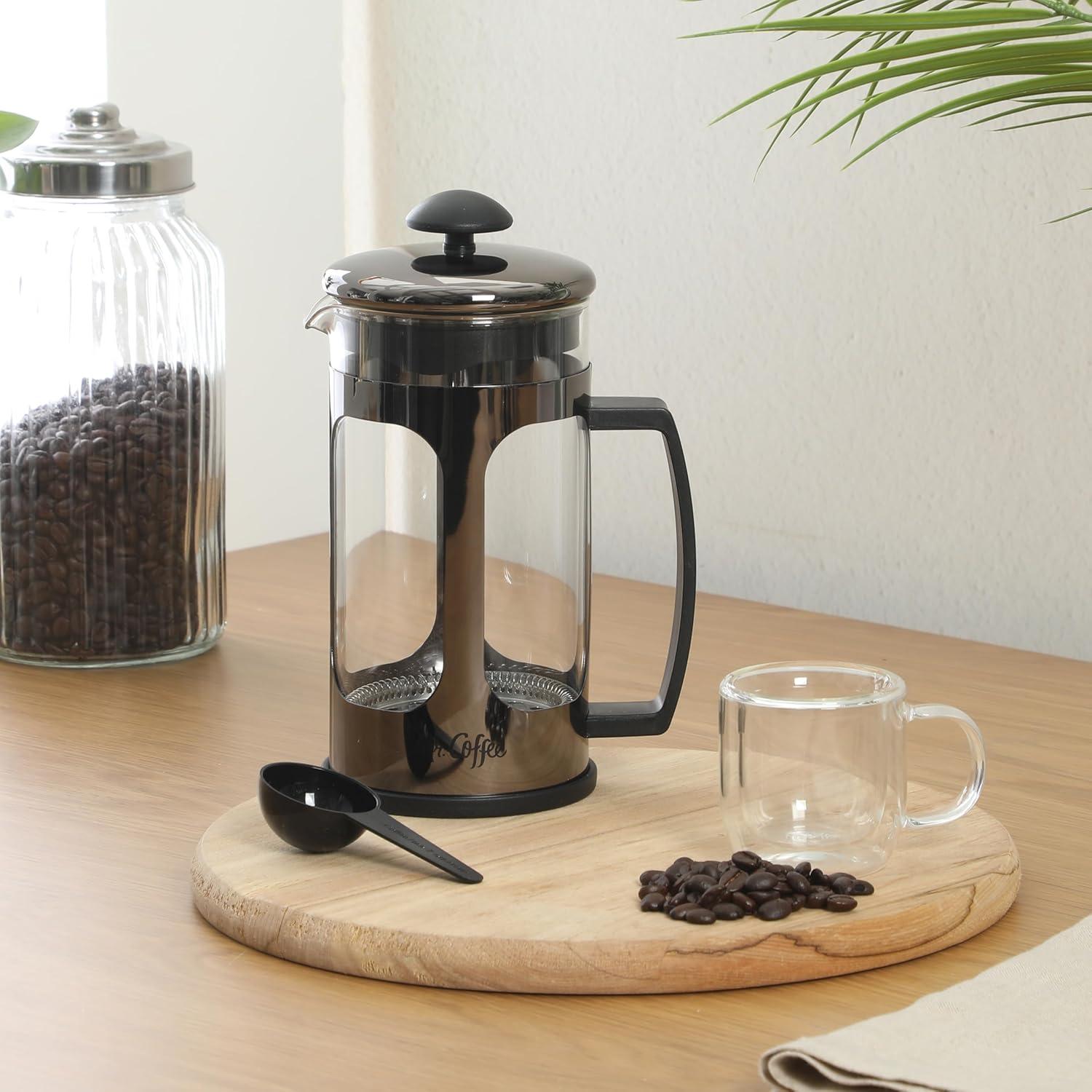 image:imageMr Coffee Daily Brew French Press Coffee Maker 30Ounce Glass Carafe with High Heat Resistant Durable Borasilicate Glass amp Gunmetal Frame and Plunger Includes Coffee ScoopGunmetal Stainless Steel