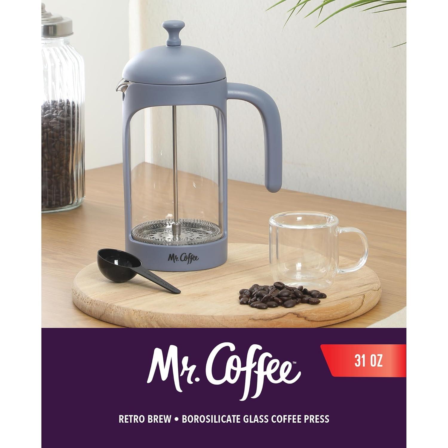 image:imageMr Coffee Daily Brew French Press Coffee Maker 30Ounce Glass Carafe with High Heat Resistant Durable Borasilicate Glass amp Gunmetal Frame and Plunger Includes Coffee ScoopBlue Polypropylene