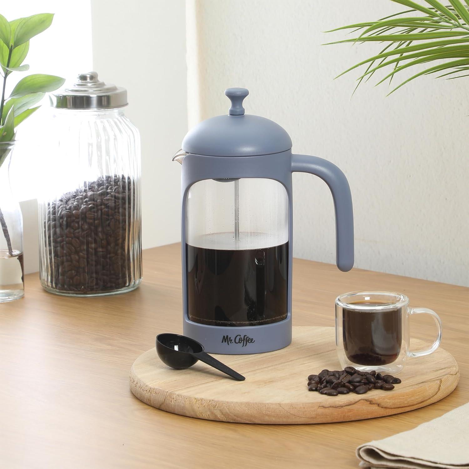 image:imageMr Coffee Daily Brew French Press Coffee Maker 30Ounce Glass Carafe with High Heat Resistant Durable Borasilicate Glass amp Gunmetal Frame and Plunger Includes Coffee ScoopBlue Polypropylene