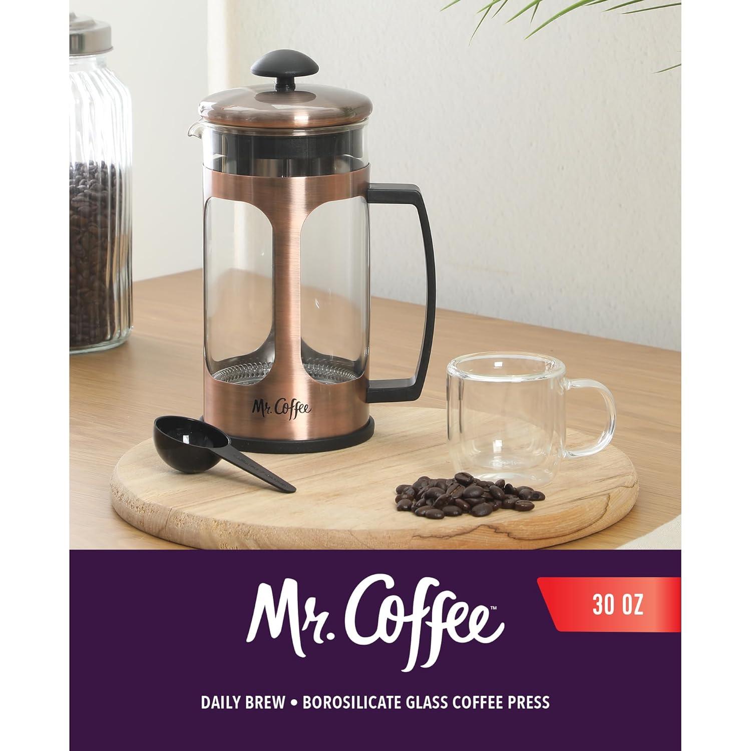 image:imageMr Coffee Daily Brew French Press Coffee Maker 30Ounce Glass Carafe with High Heat Resistant Durable Borasilicate Glass amp Gunmetal Frame and Plunger Includes Coffee ScoopCopper Stainless Steel