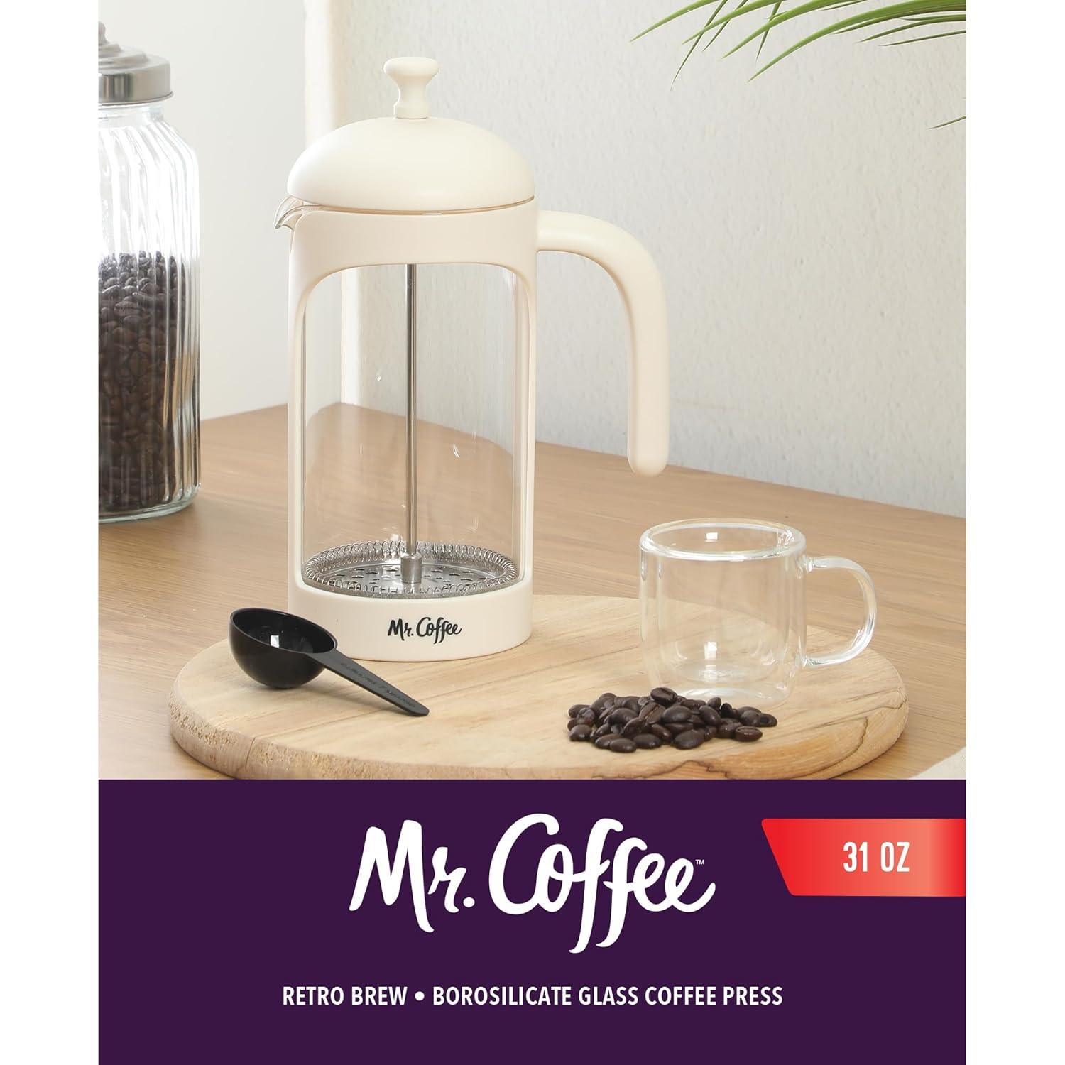 image:imageMr Coffee Daily Brew French Press Coffee Maker 30Ounce Glass Carafe with High Heat Resistant Durable Borasilicate Glass amp Gunmetal Frame and Plunger Includes Coffee ScoopCream Polypropylene