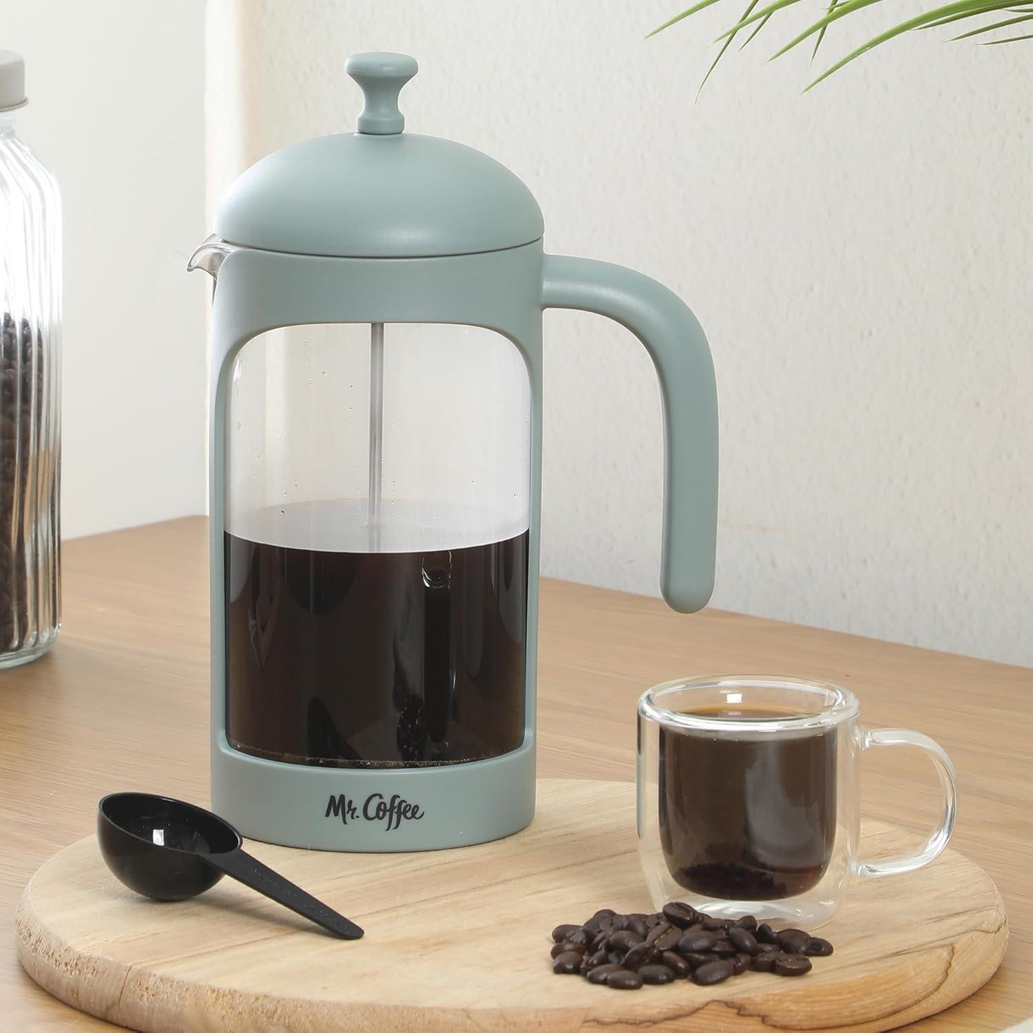 image:imageMr Coffee Daily Brew French Press Coffee Maker 30Ounce Glass Carafe with High Heat Resistant Durable Borasilicate Glass amp Gunmetal Frame and Plunger Includes Coffee ScoopTeal Polypropylene