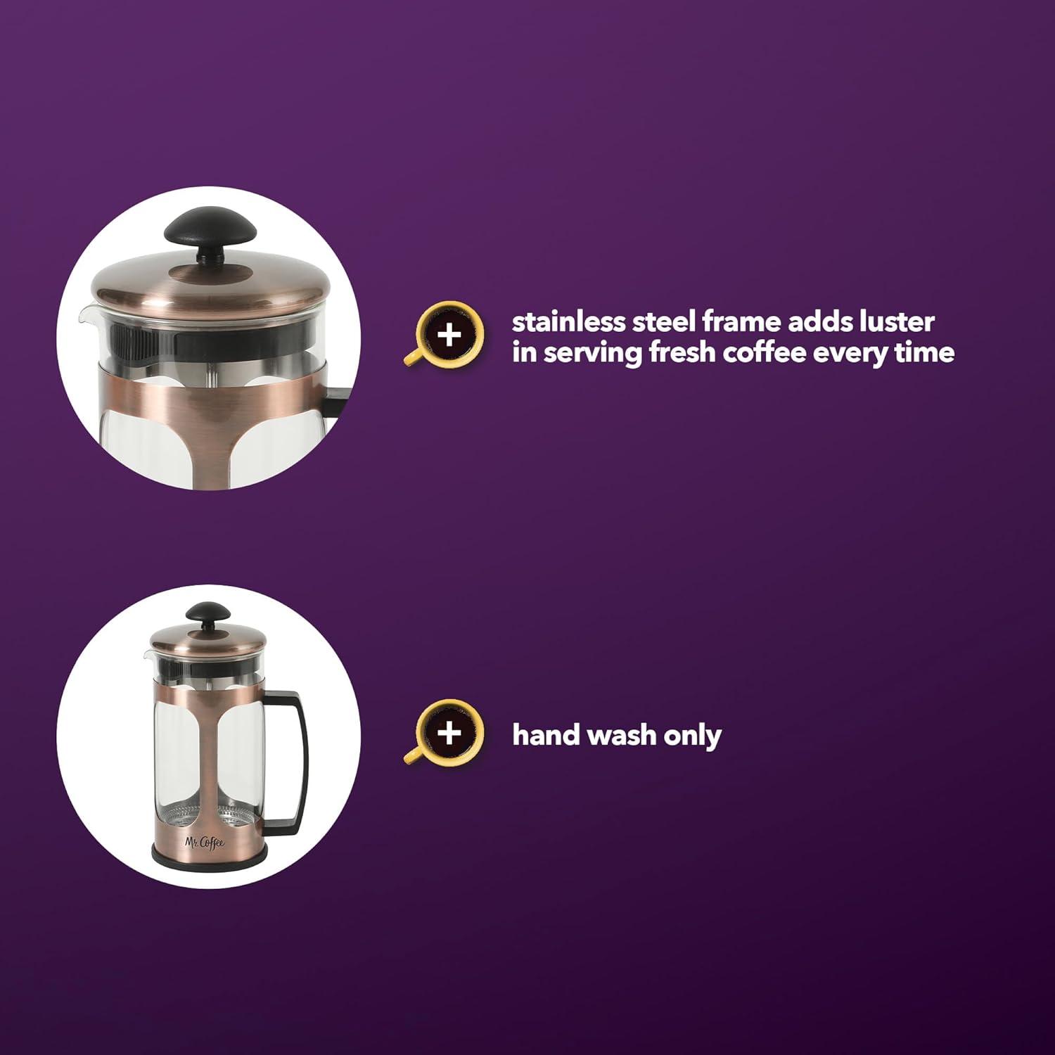 image:imageMr Coffee Daily Brew French Press Coffee Maker 30Ounce Glass Carafe with High Heat Resistant Durable Borasilicate Glass amp Gunmetal Frame and Plunger Includes Coffee ScoopCopper Stainless Steel