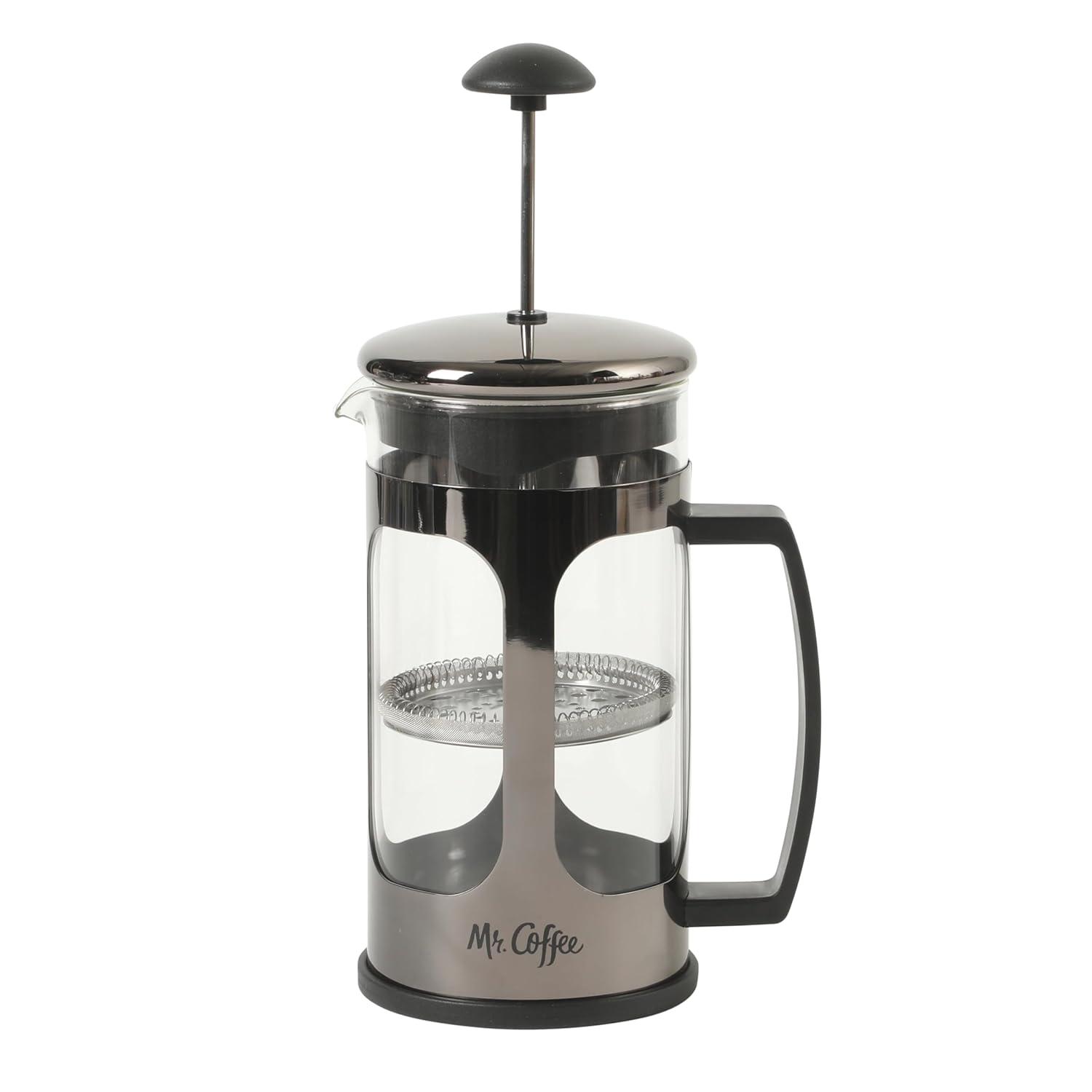 image:imageMr Coffee Daily Brew French Press Coffee Maker 30Ounce Glass Carafe with High Heat Resistant Durable Borasilicate Glass amp Gunmetal Frame and Plunger Includes Coffee ScoopGunmetal Stainless Steel