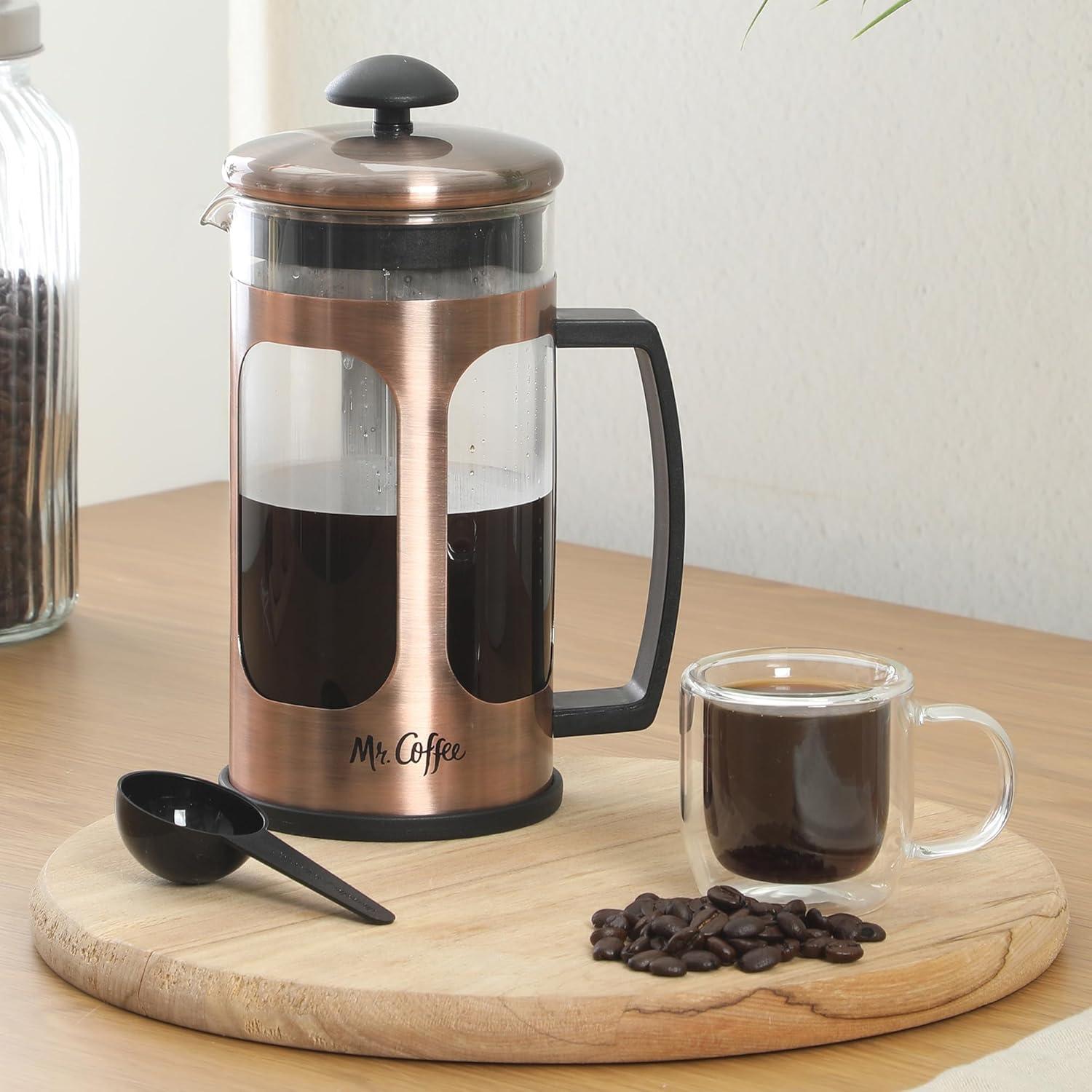 image:imageMr Coffee Daily Brew French Press Coffee Maker 30Ounce Glass Carafe with High Heat Resistant Durable Borasilicate Glass amp Gunmetal Frame and Plunger Includes Coffee ScoopCopper Stainless Steel