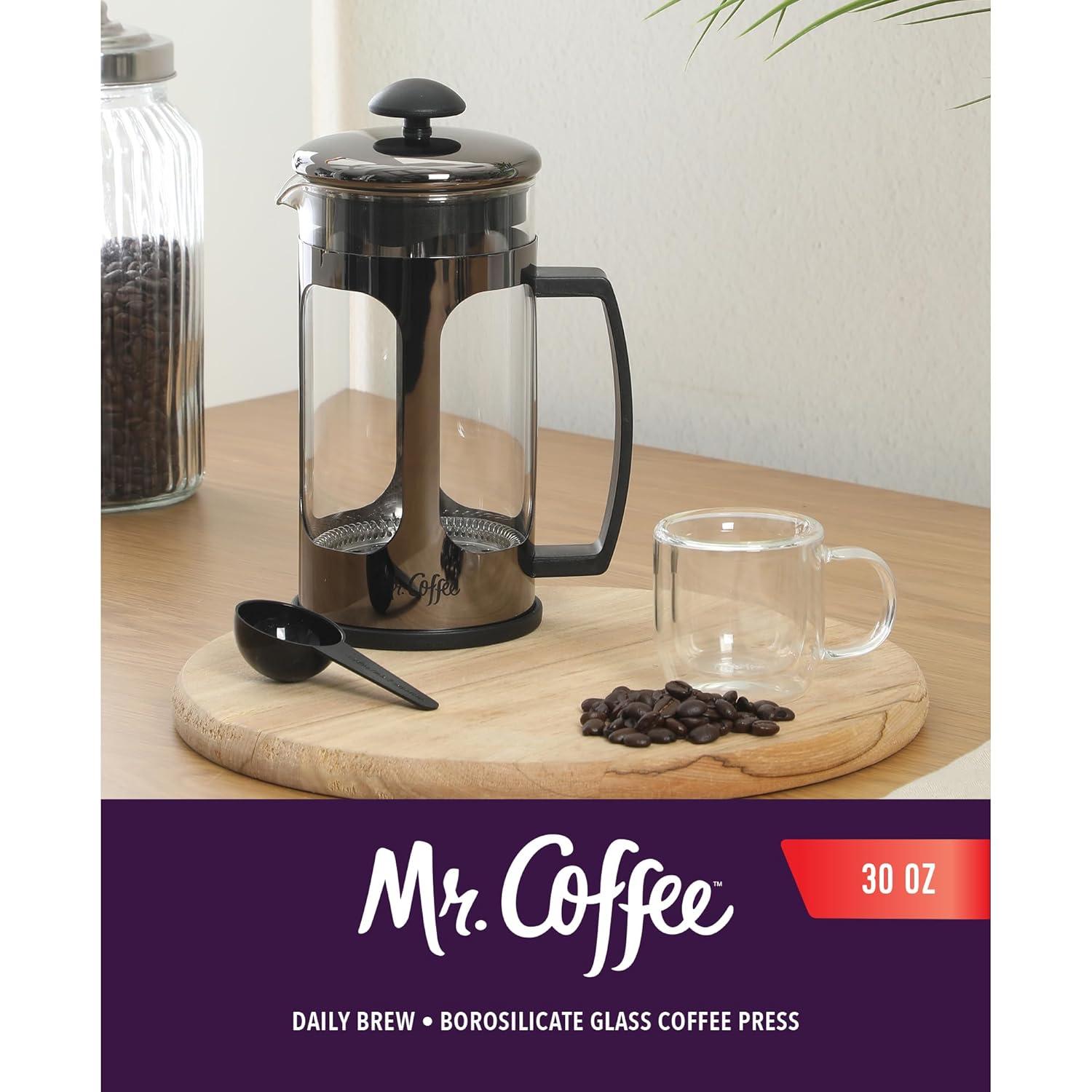 image:imageMr Coffee Daily Brew French Press Coffee Maker 30Ounce Glass Carafe with High Heat Resistant Durable Borasilicate Glass amp Gunmetal Frame and Plunger Includes Coffee ScoopGunmetal Stainless Steel