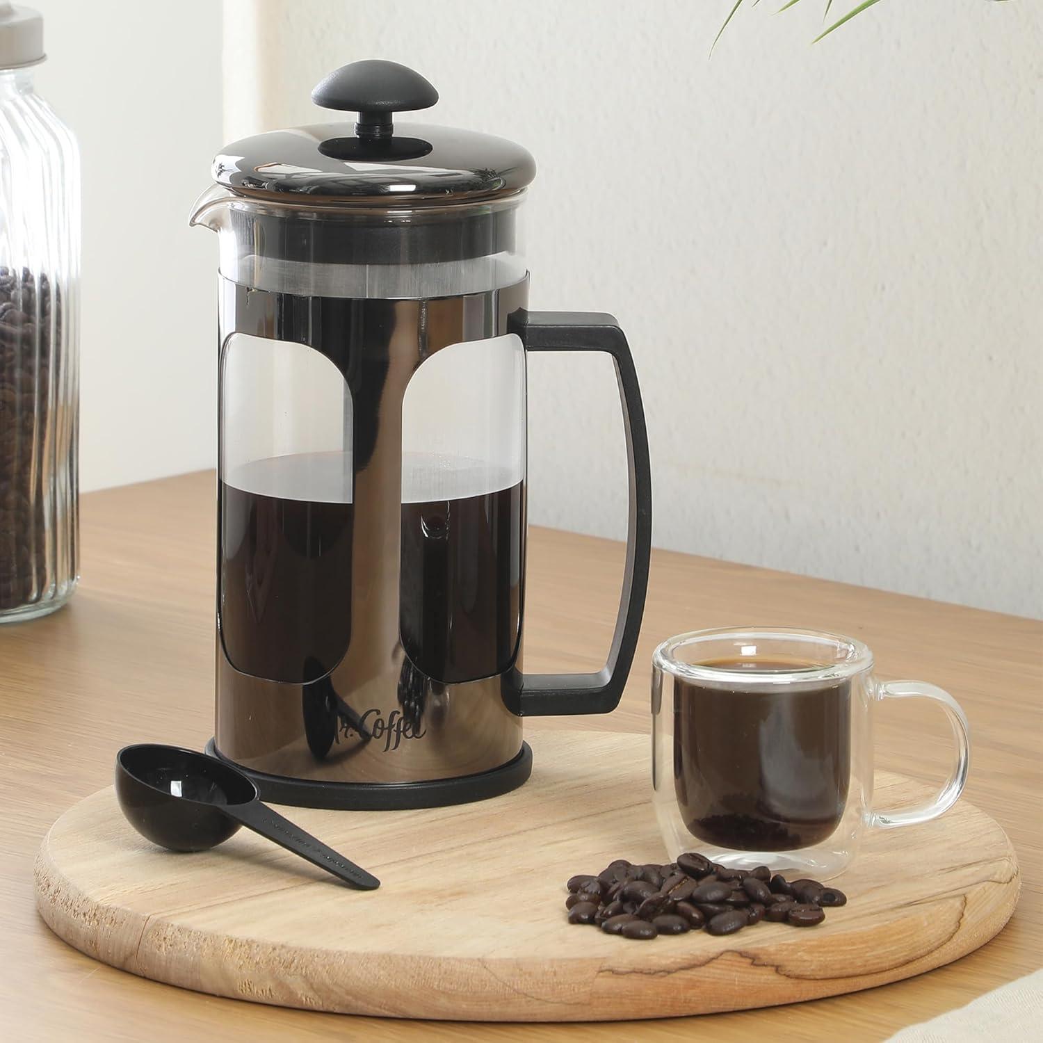 image:imageMr Coffee Daily Brew French Press Coffee Maker 30Ounce Glass Carafe with High Heat Resistant Durable Borasilicate Glass amp Gunmetal Frame and Plunger Includes Coffee ScoopGunmetal Stainless Steel