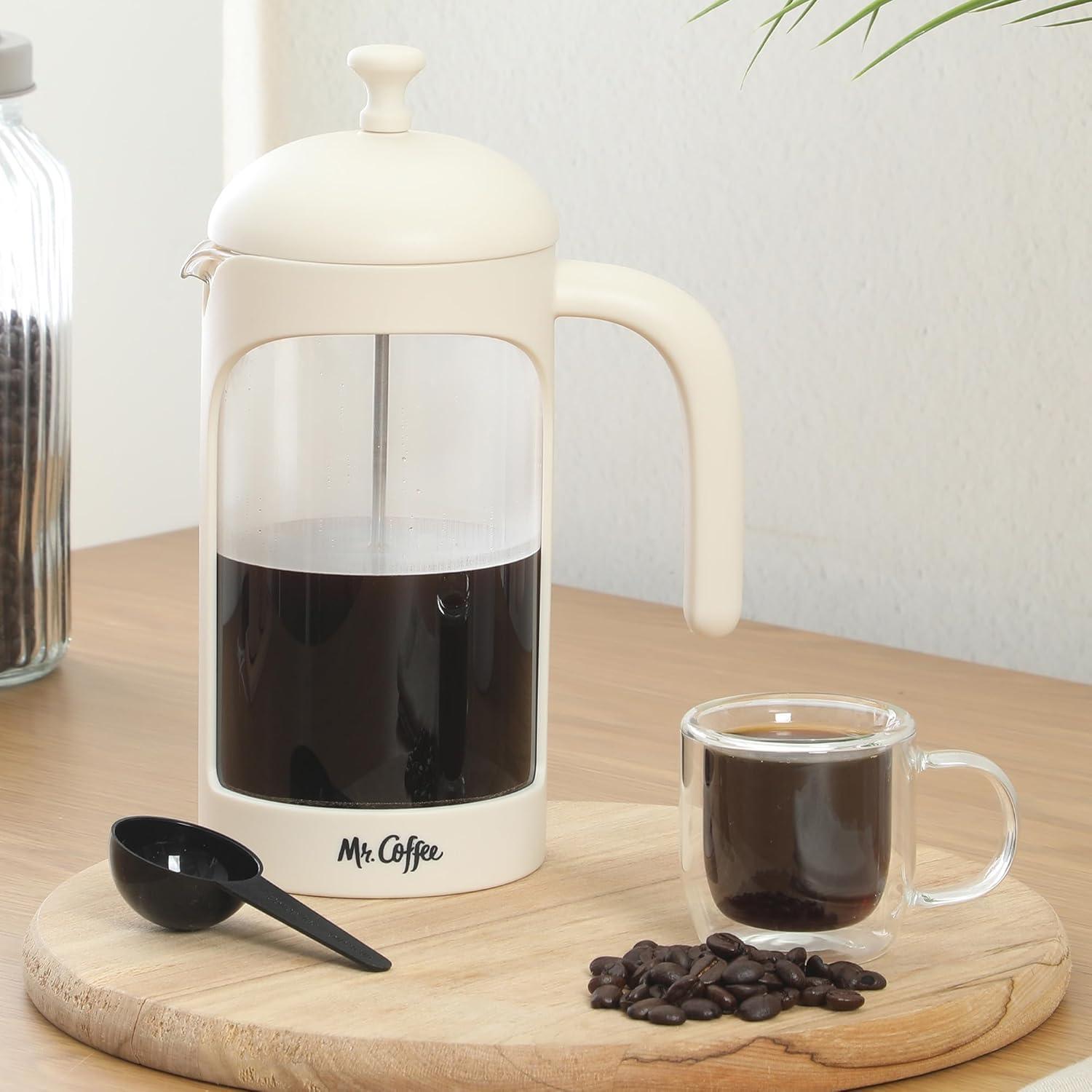 image:imageMr Coffee Daily Brew French Press Coffee Maker 30Ounce Glass Carafe with High Heat Resistant Durable Borasilicate Glass amp Gunmetal Frame and Plunger Includes Coffee ScoopCream Polypropylene