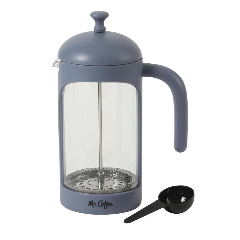image:imageMr Coffee Daily Brew French Press Coffee Maker 30Ounce Glass Carafe with High Heat Resistant Durable Borasilicate Glass amp Gunmetal Frame and Plunger Includes Coffee ScoopBlue Polypropylene
